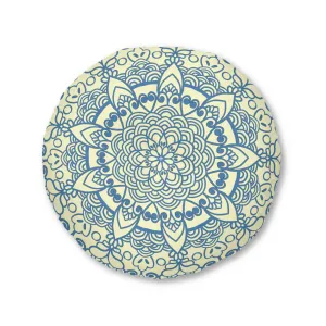 Handmade Mandala Art Floor Cushion - Steel Blue on Cream Background - Drawn by Hand - Tufted Round Pillow