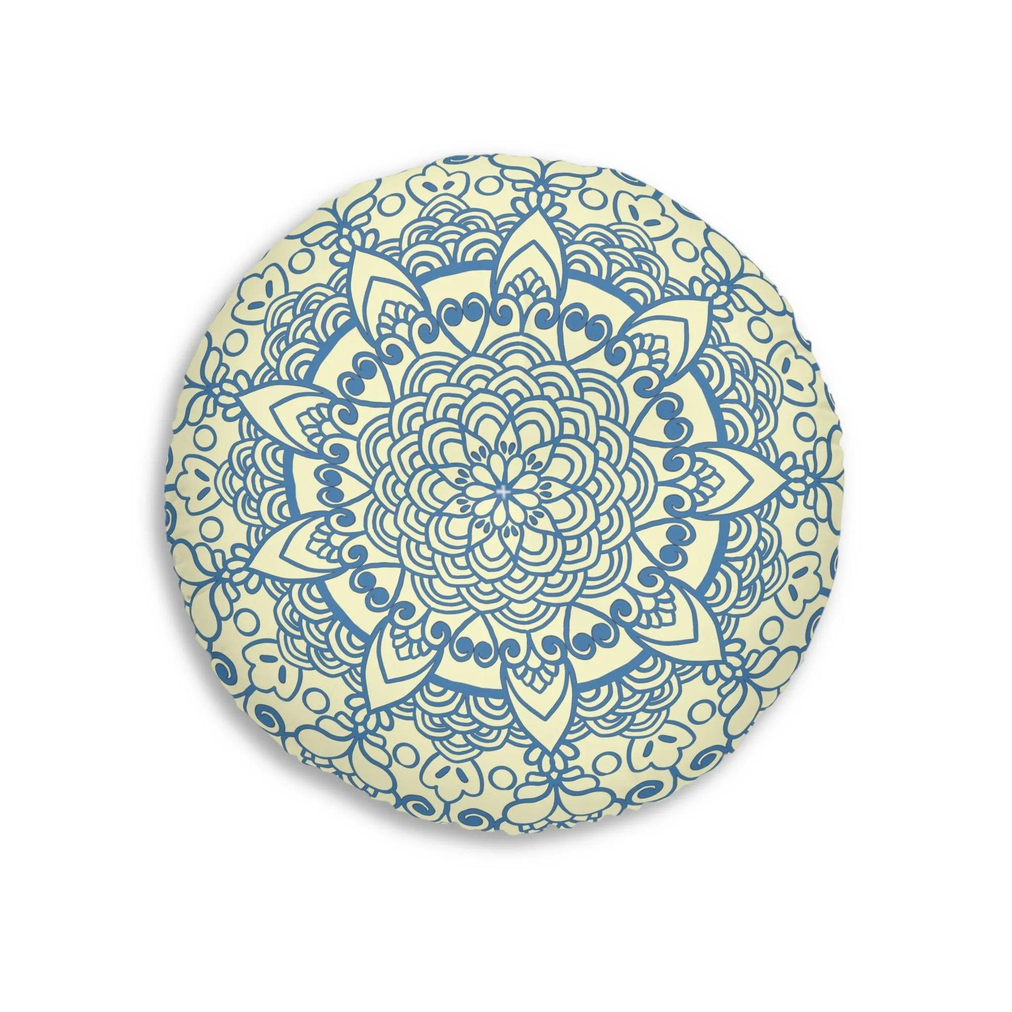 Handmade Mandala Art Floor Cushion - Steel Blue on Cream Background - Drawn by Hand - Tufted Round Pillow