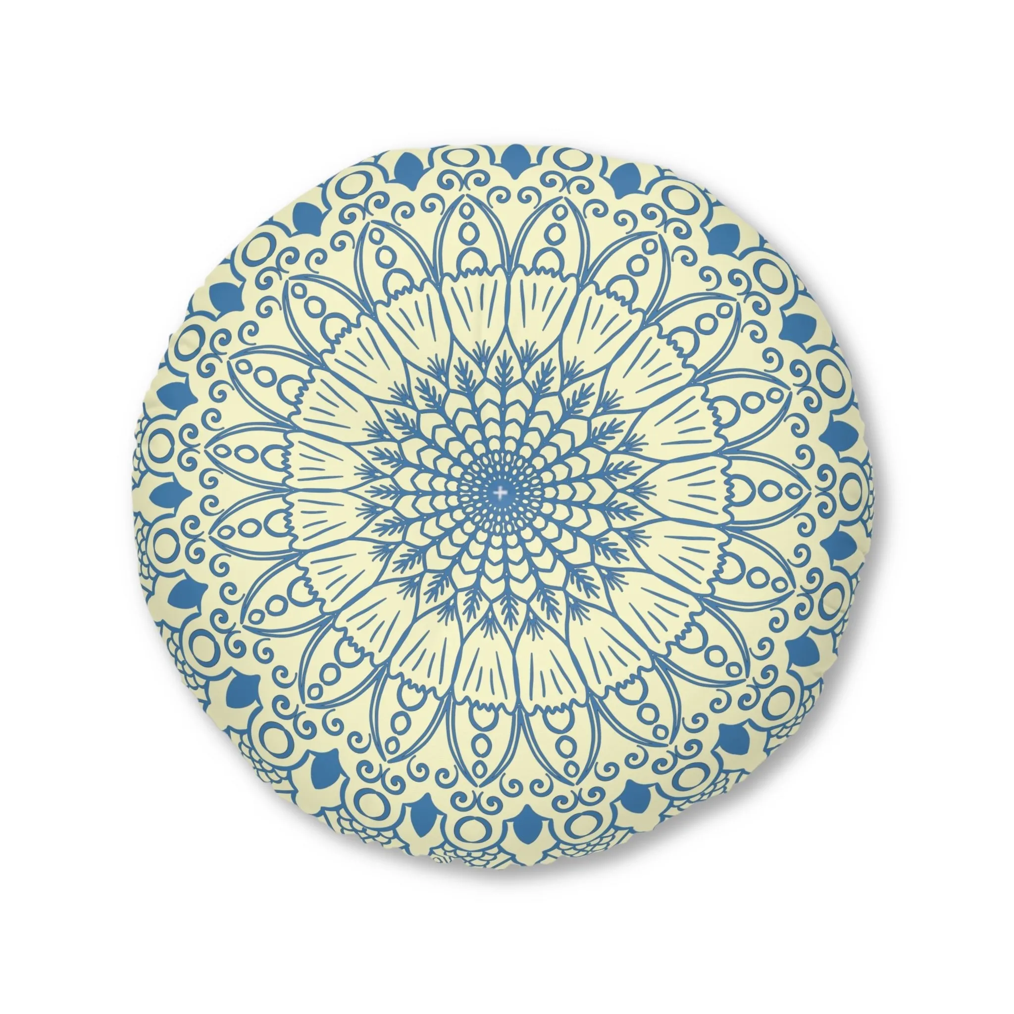 Handmade Mandala Art Floor Cushion - Steel Blue on Cream - Round