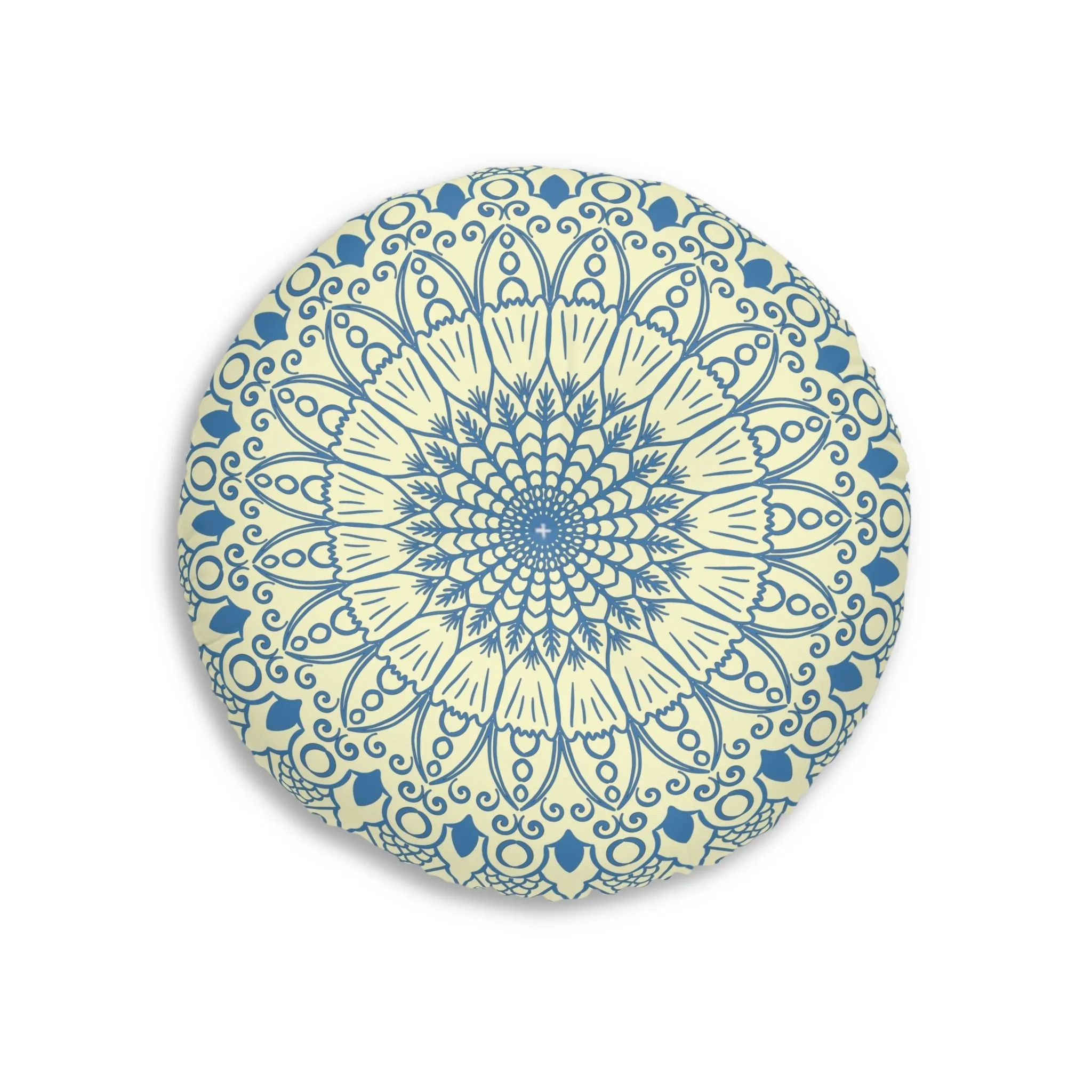 Handmade Mandala Art Floor Cushion - Steel Blue on Cream - Round