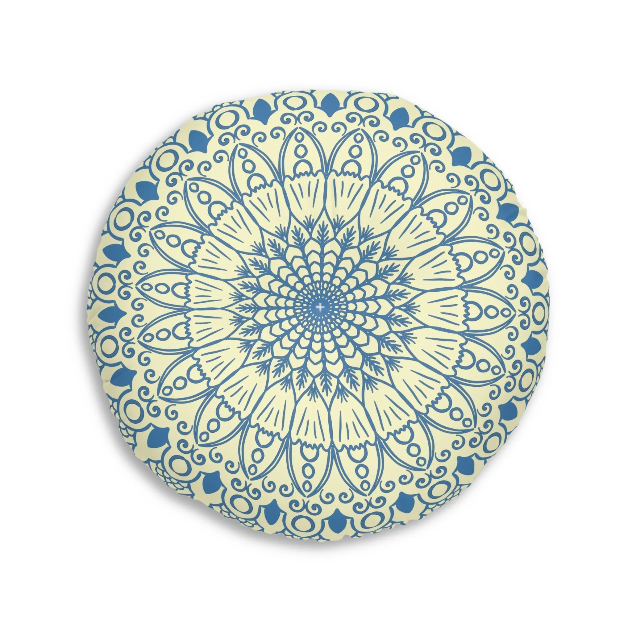 Handmade Mandala Art Floor Cushion - Steel Blue on Cream - Round