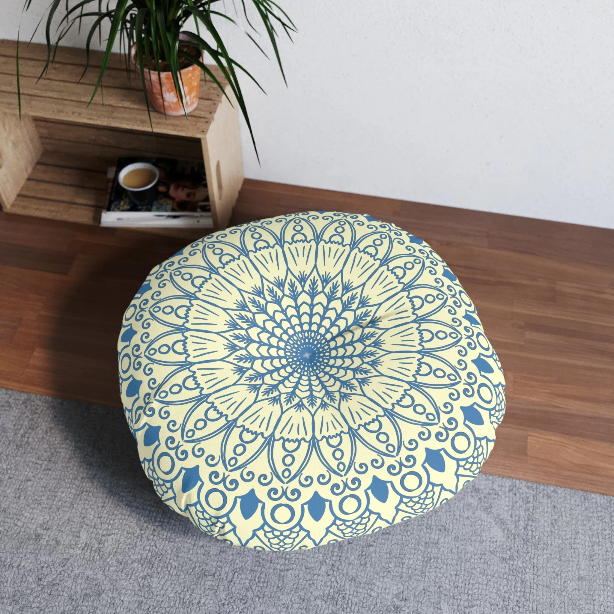 Handmade Mandala Art Floor Cushion - Steel Blue on Cream - Round