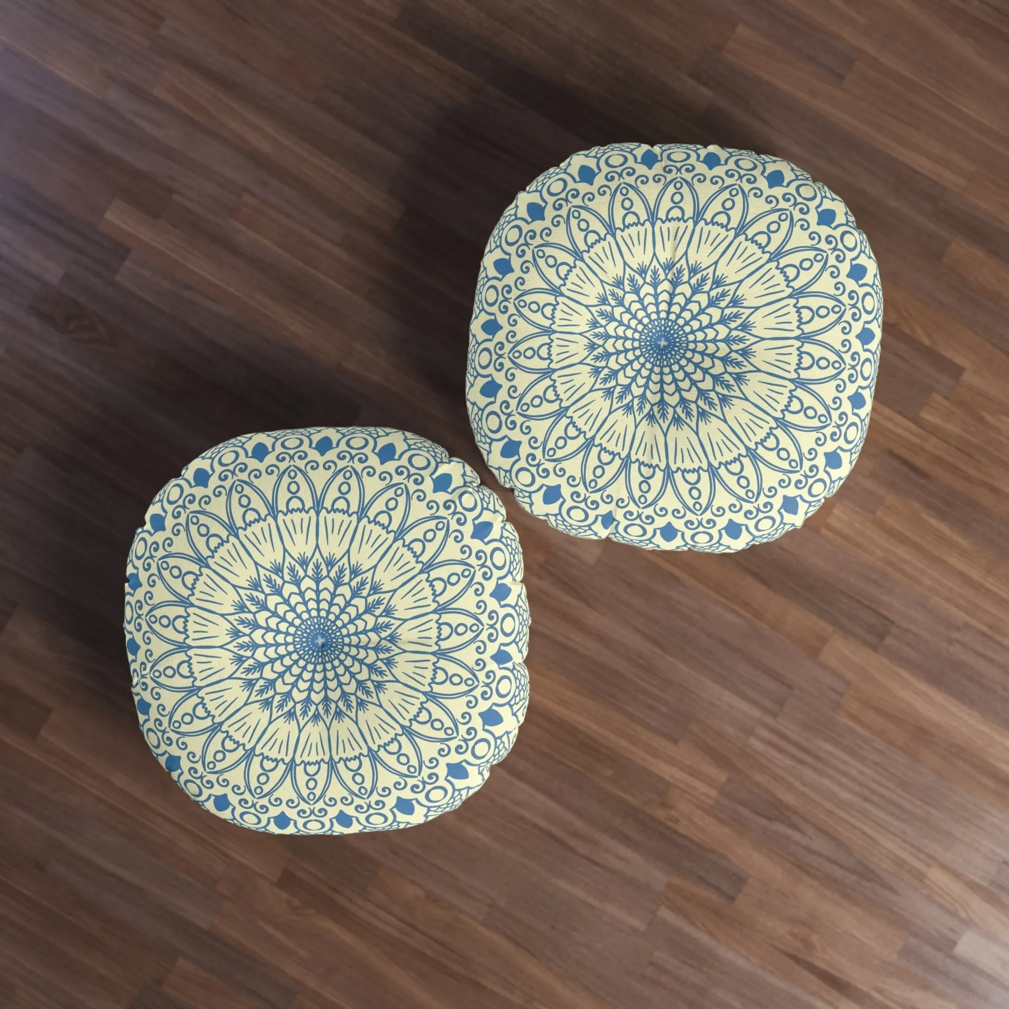 Handmade Mandala Art Floor Cushion - Steel Blue on Cream - Round