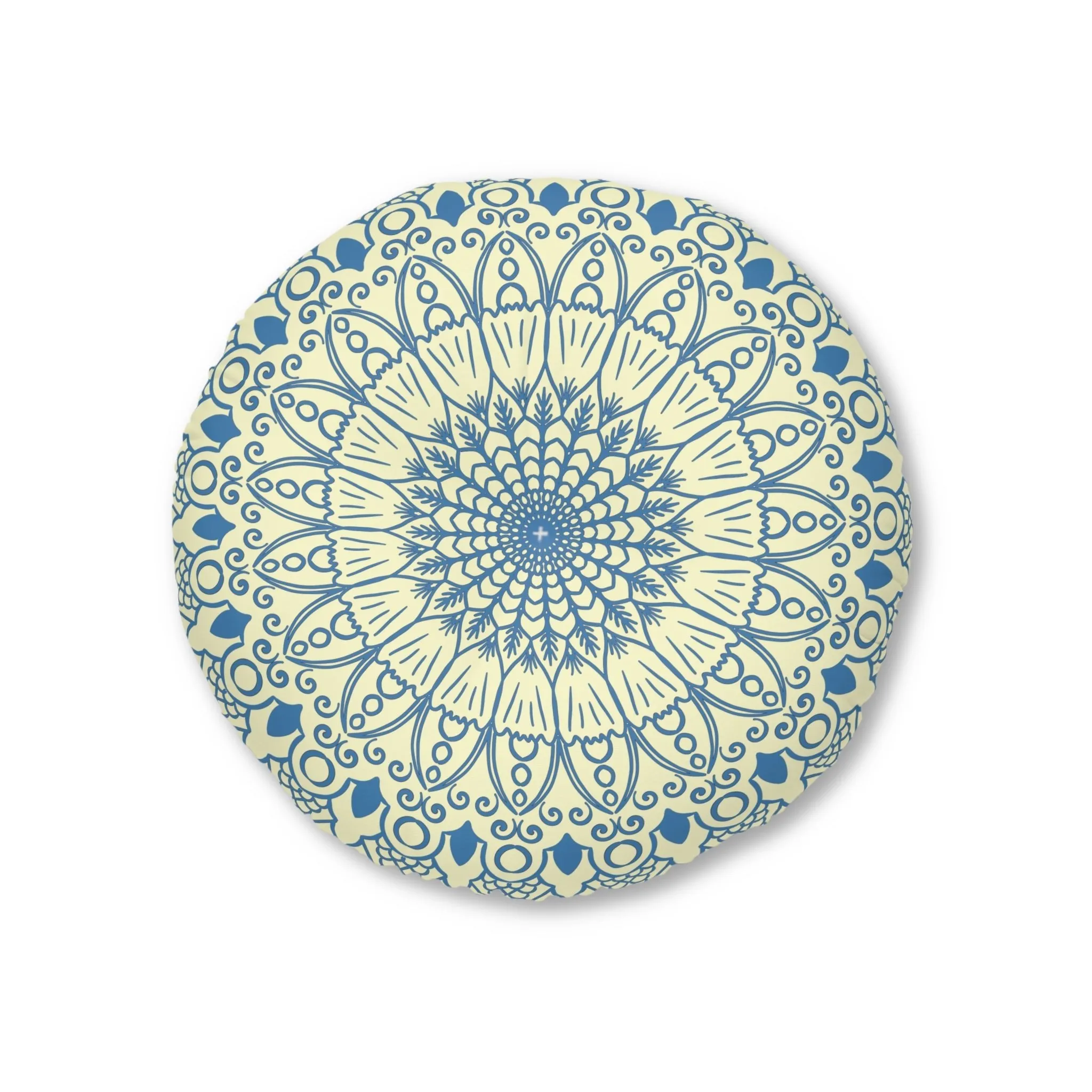 Handmade Mandala Art Floor Cushion - Steel Blue on Cream - Round