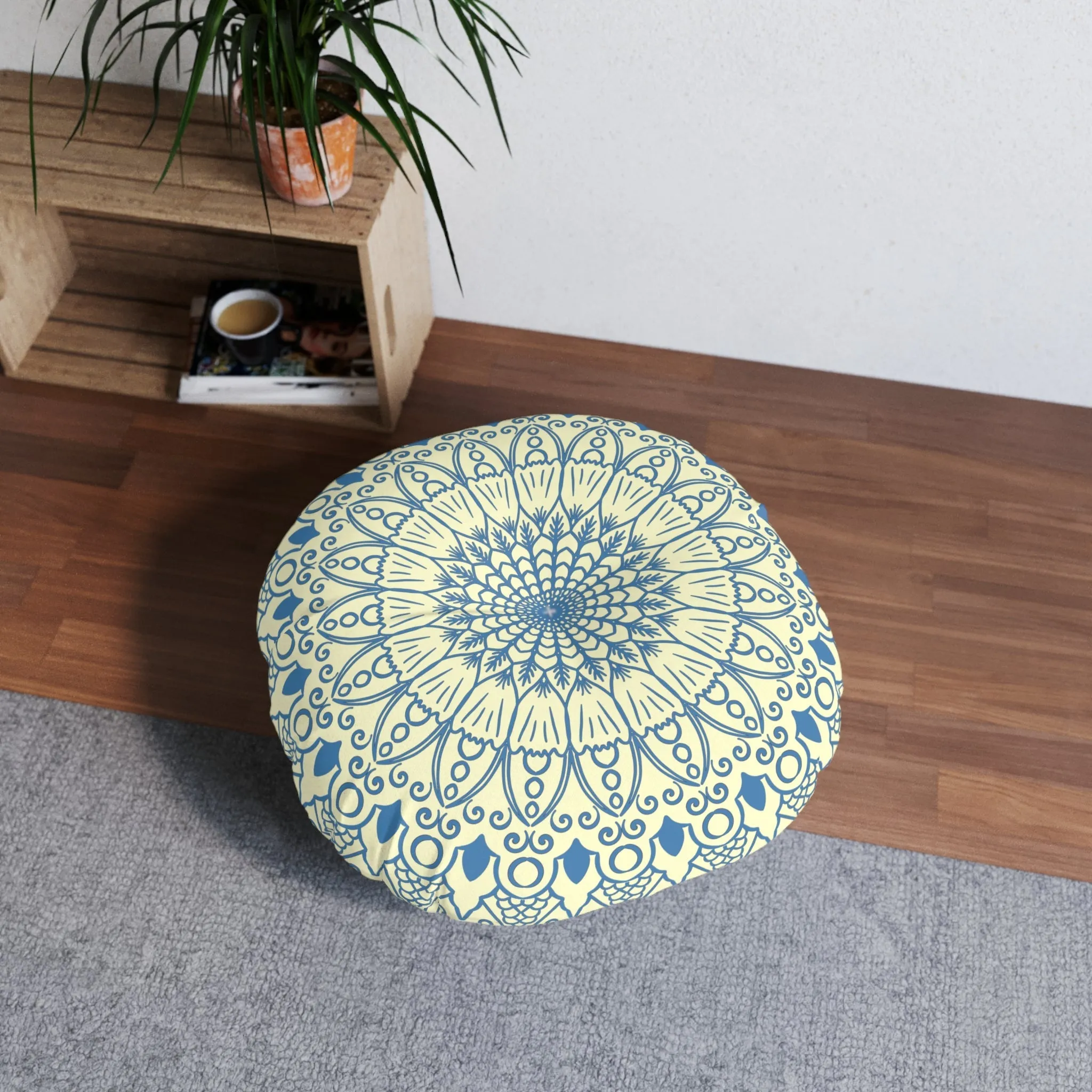 Handmade Mandala Art Floor Cushion - Steel Blue on Cream - Round