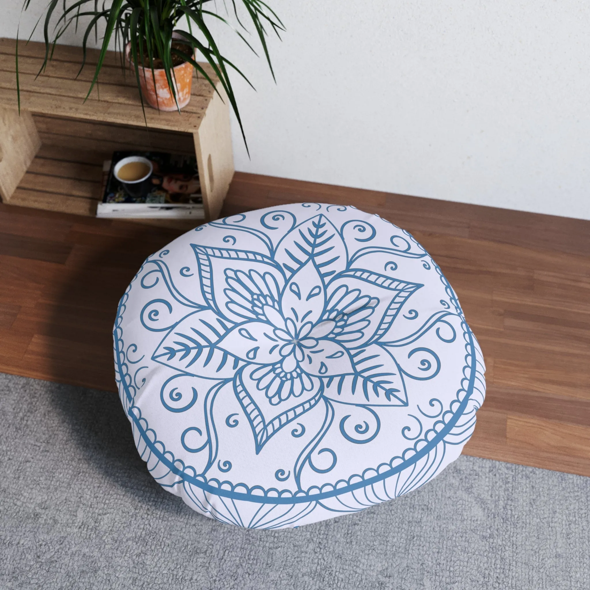 Handmade Mandala Art Floor Cushion - Steel Blue on Levander