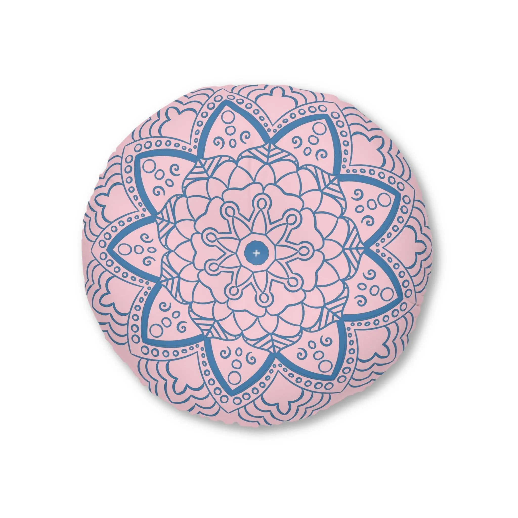 Handmade Mandala Art Floor Cushion - Steel Blue on Pastel Pink - Round