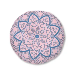 Handmade Mandala Art Floor Cushion - Steel Blue on Pastel Pink - Round