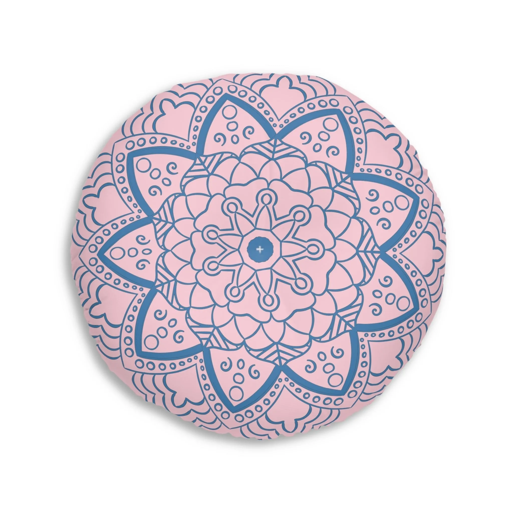 Handmade Mandala Art Floor Cushion - Steel Blue on Pastel Pink - Round