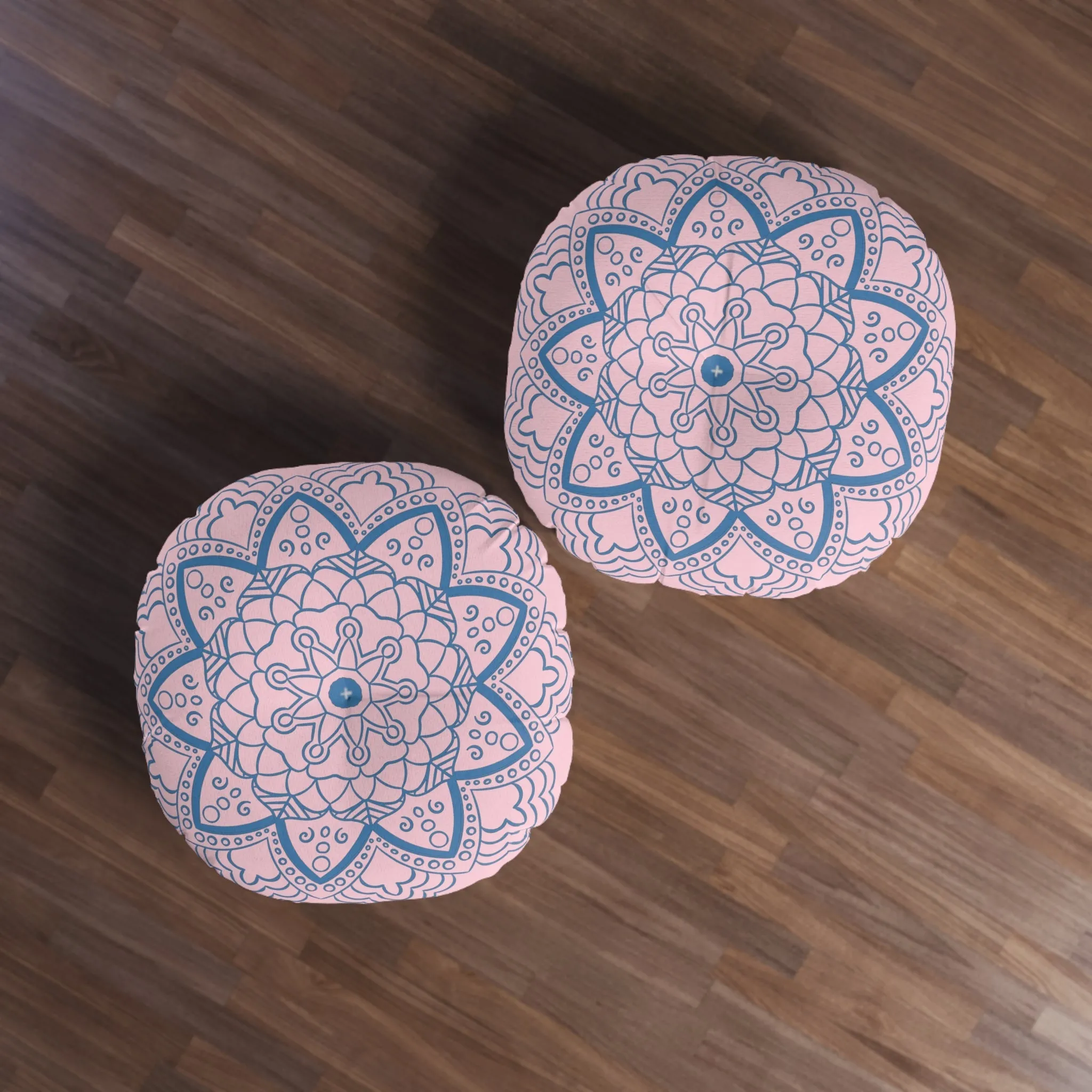 Handmade Mandala Art Floor Cushion - Steel Blue on Pastel Pink - Round