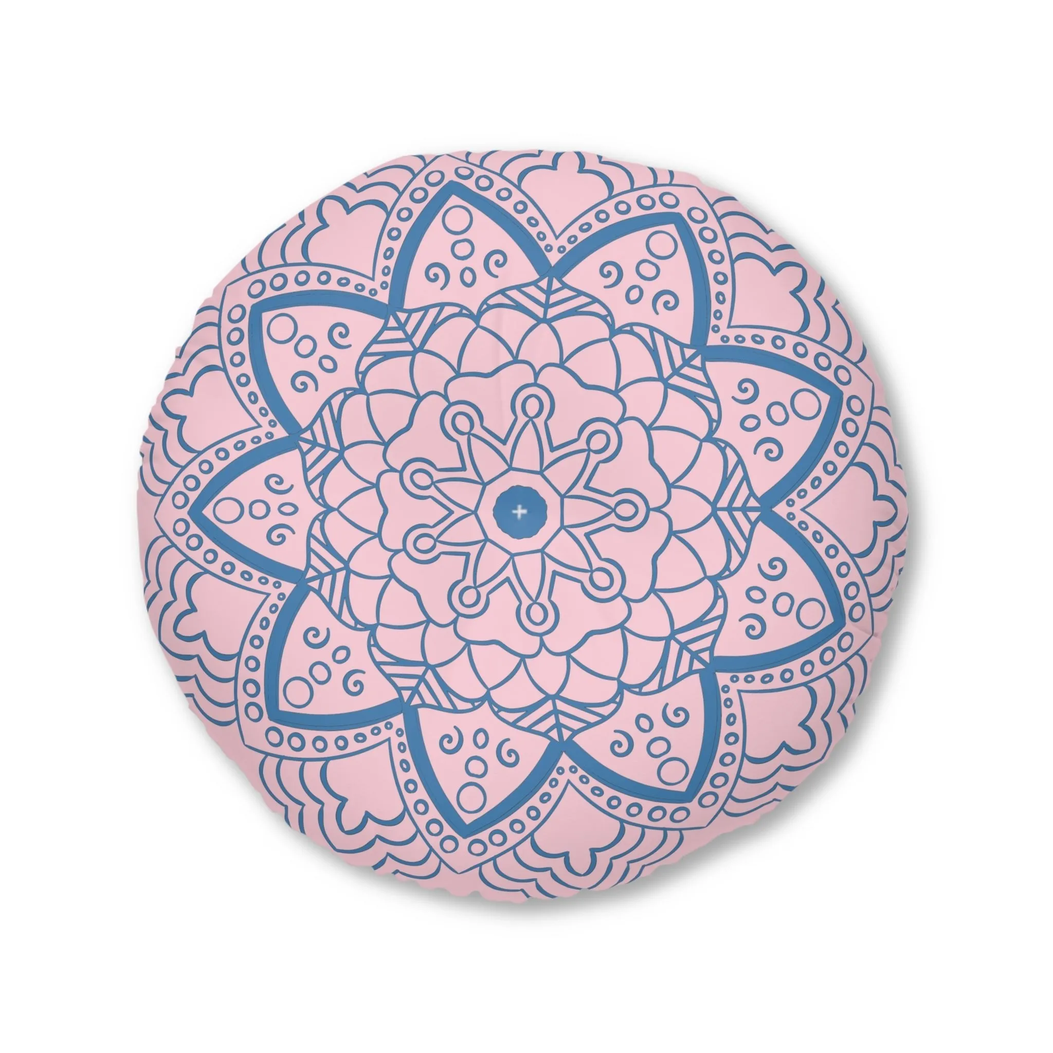 Handmade Mandala Art Floor Cushion - Steel Blue on Pastel Pink - Round