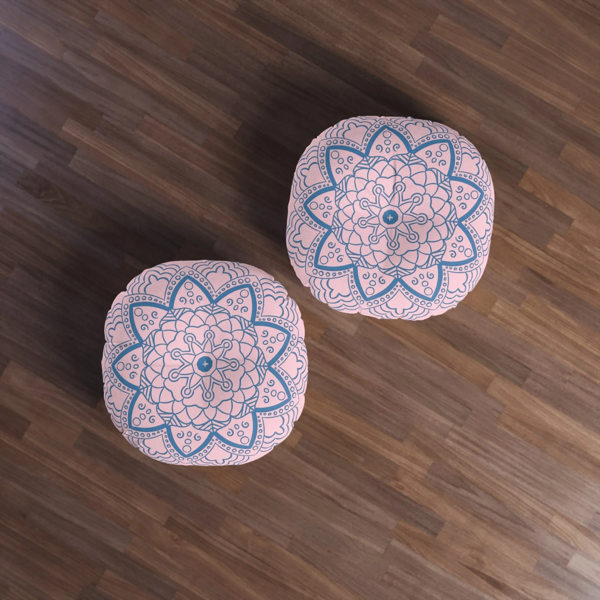 Handmade Mandala Art Floor Cushion - Steel Blue on Pastel Pink - Round