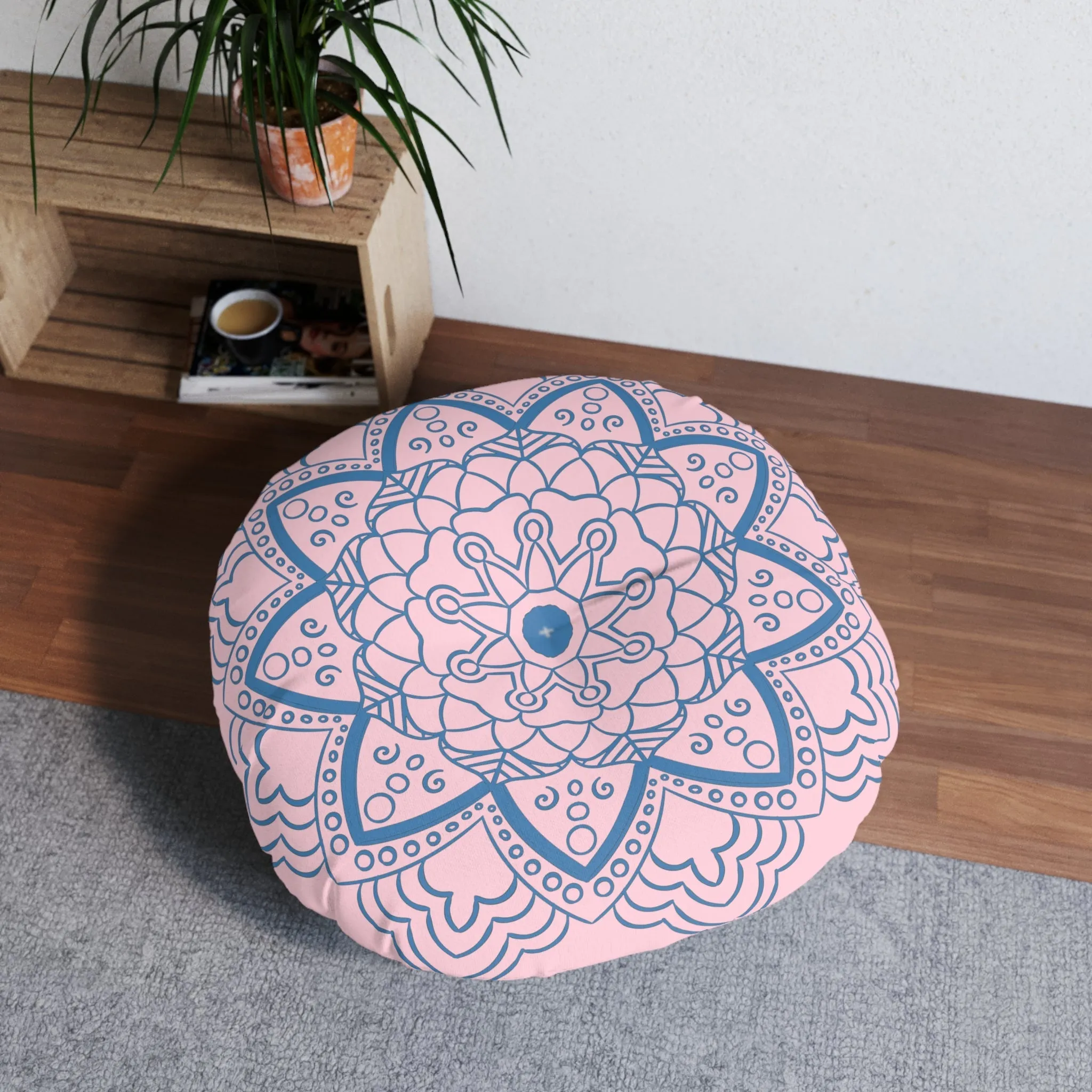 Handmade Mandala Art Floor Cushion - Steel Blue on Pastel Pink - Round