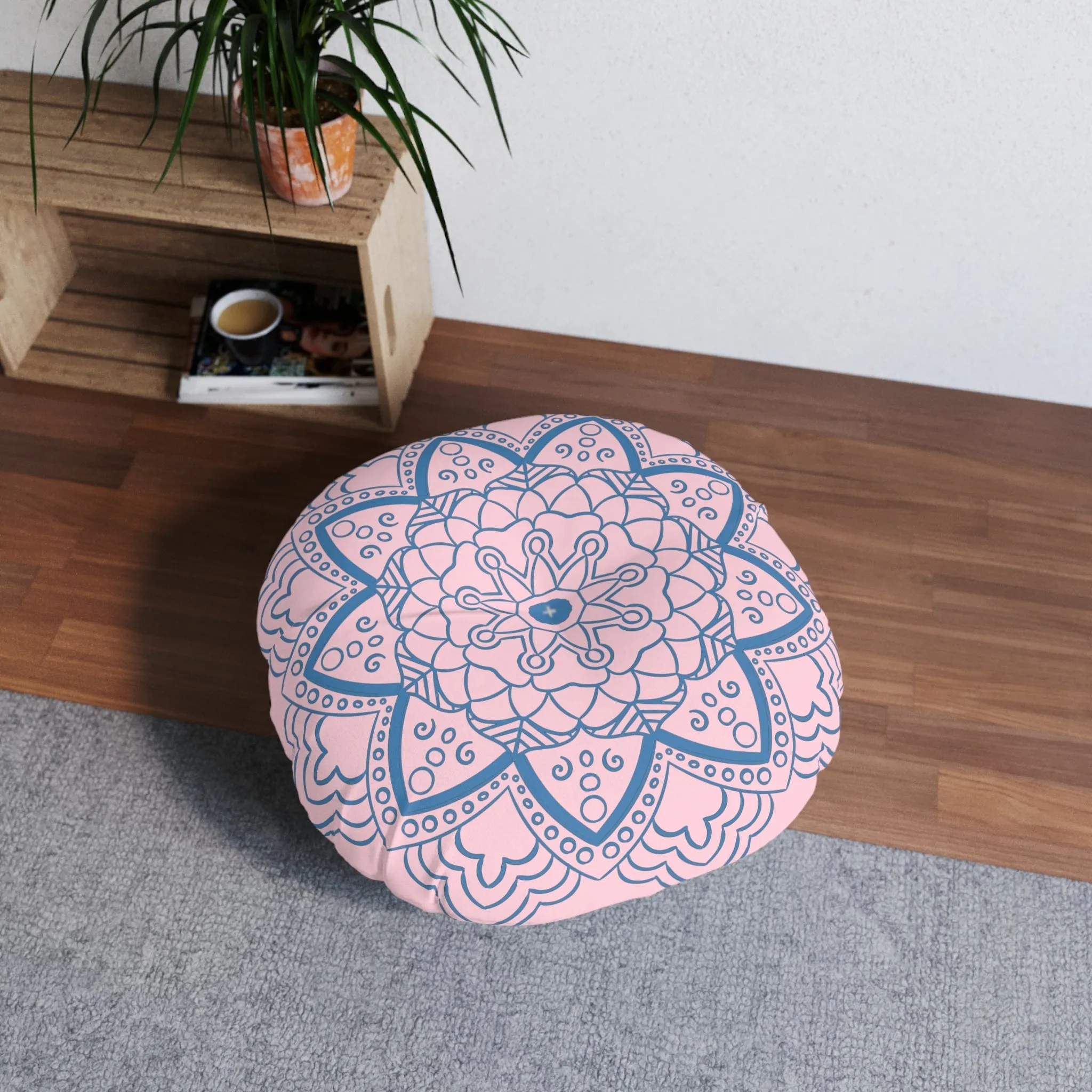 Handmade Mandala Art Floor Cushion - Steel Blue on Pastel Pink - Round