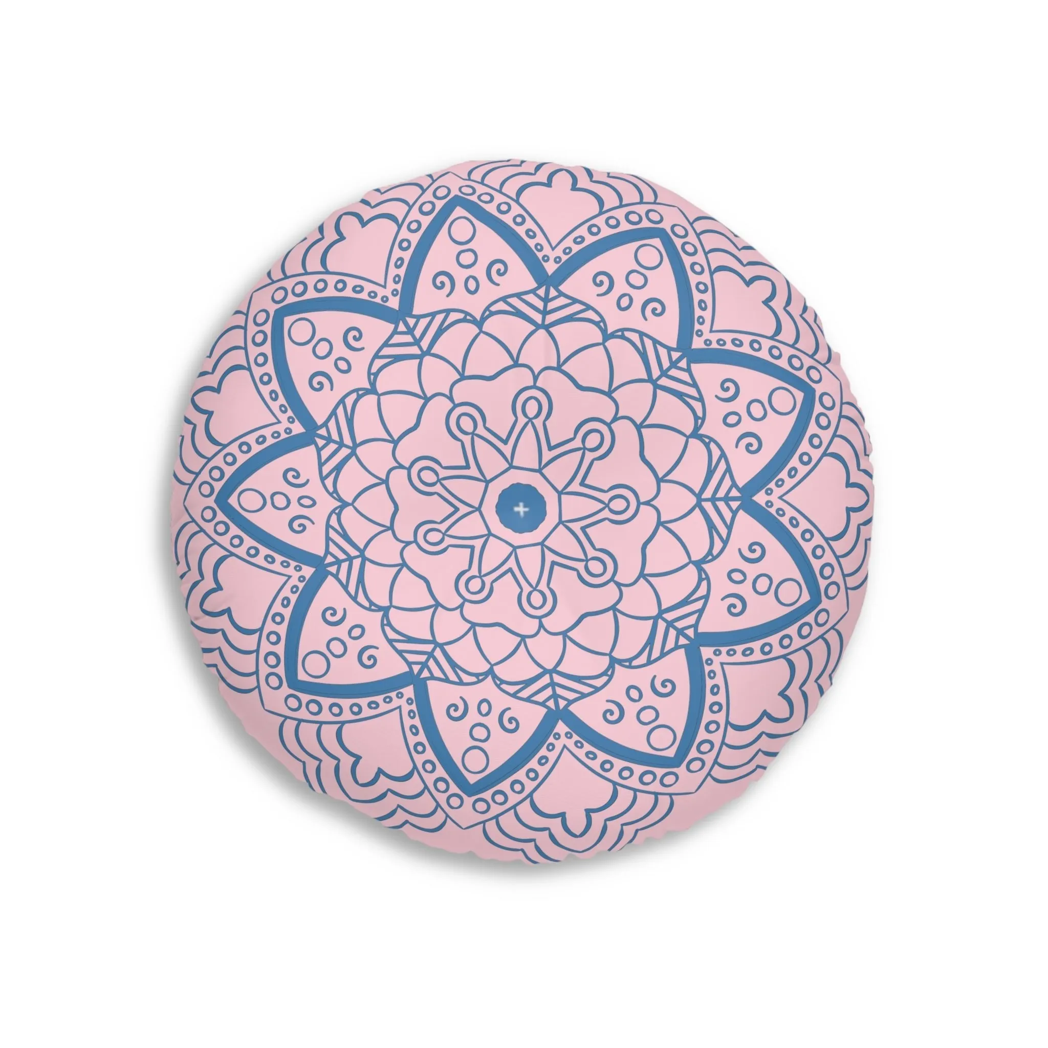 Handmade Mandala Art Floor Cushion - Steel Blue on Pastel Pink - Round