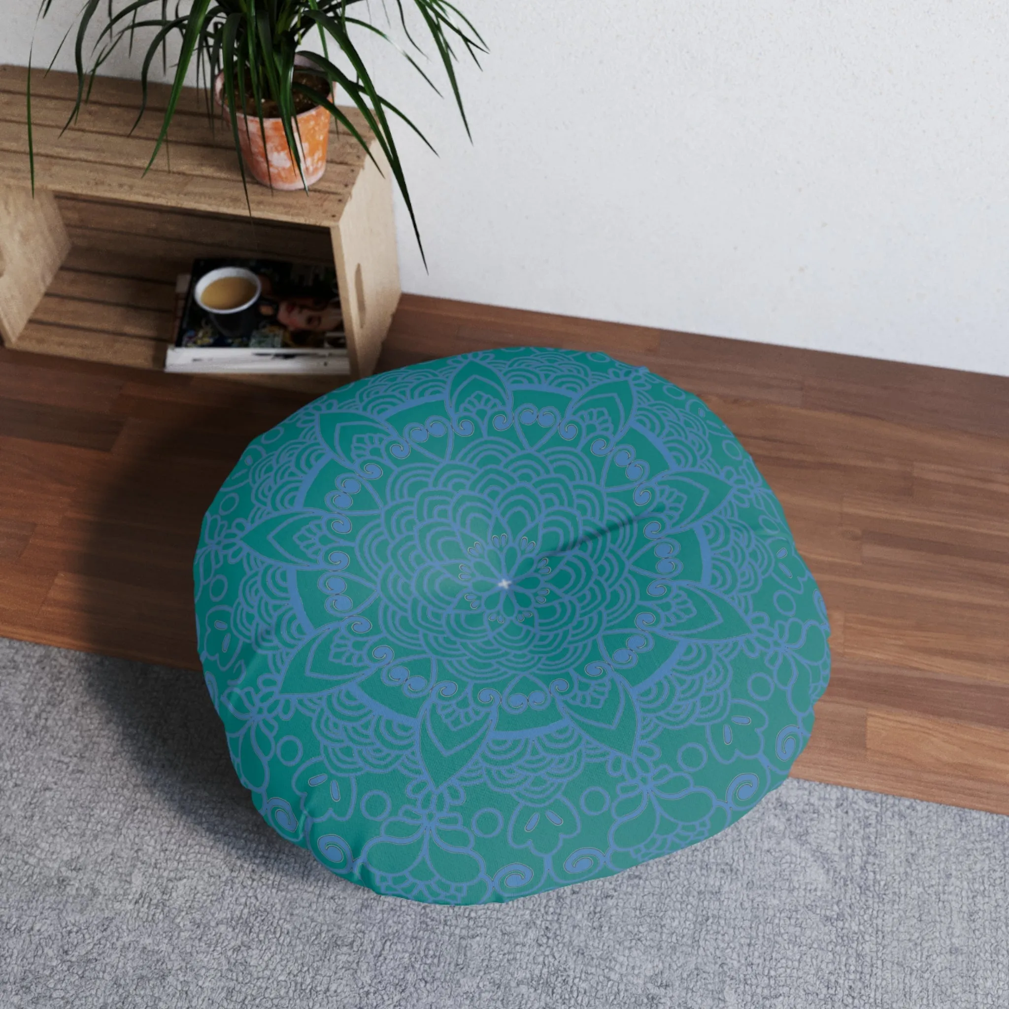 Handmade Mandala Art Floor Cushion - Steel Blue on Teal Background