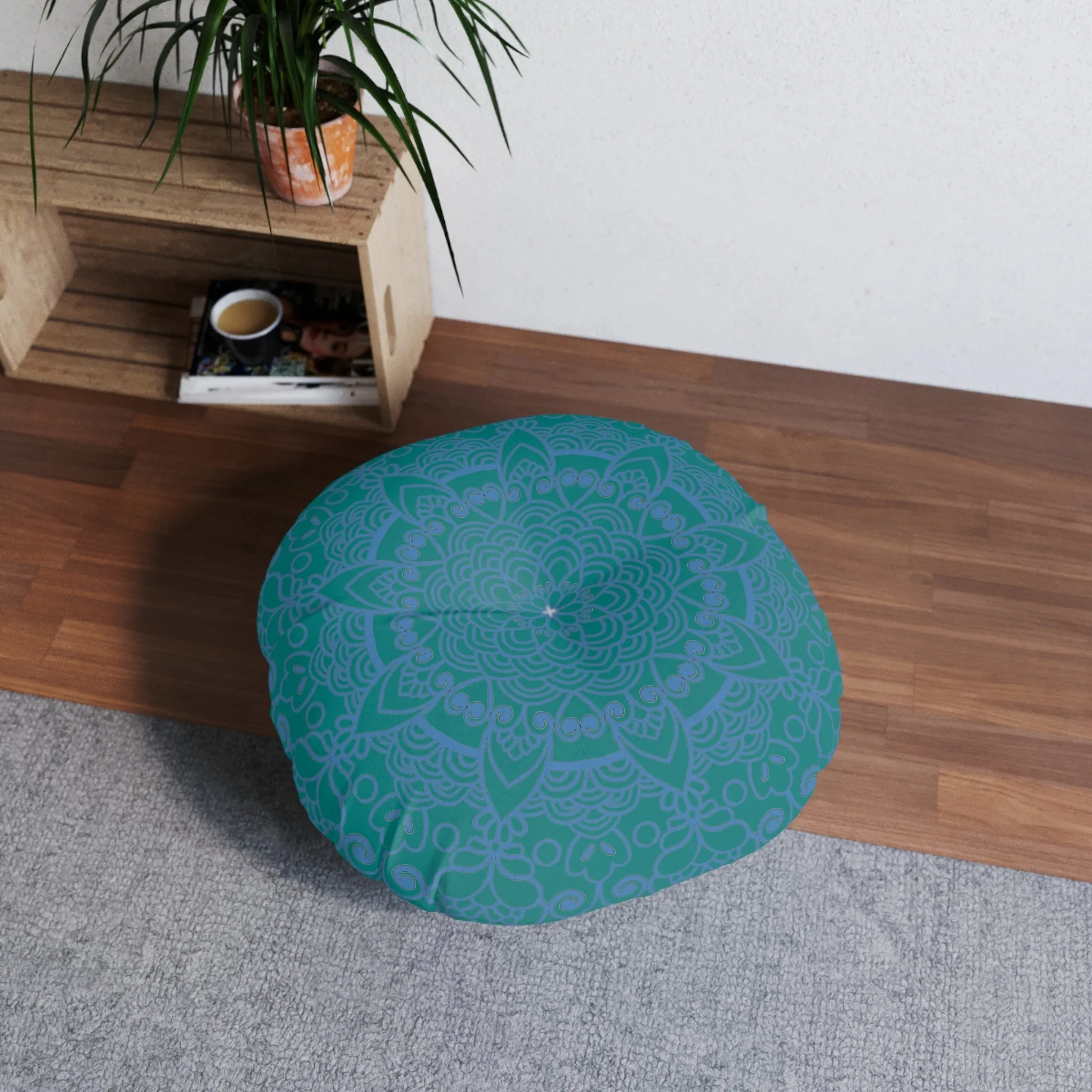 Handmade Mandala Art Floor Cushion - Steel Blue on Teal Background