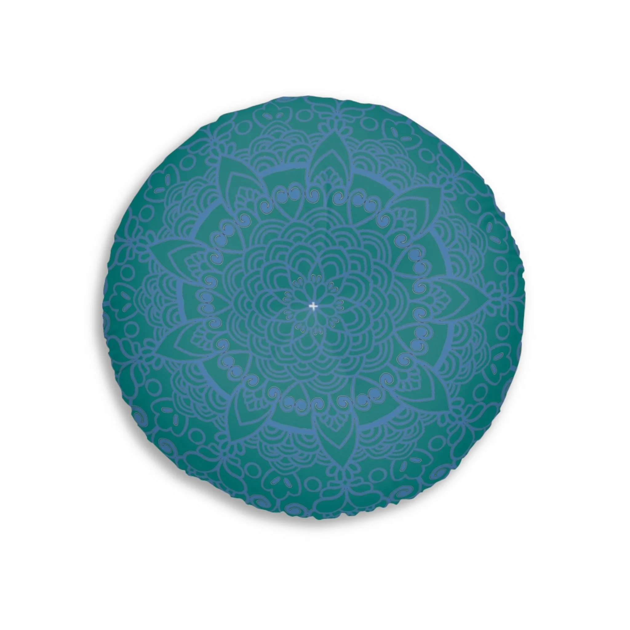 Handmade Mandala Art Floor Cushion - Steel Blue on Teal Background