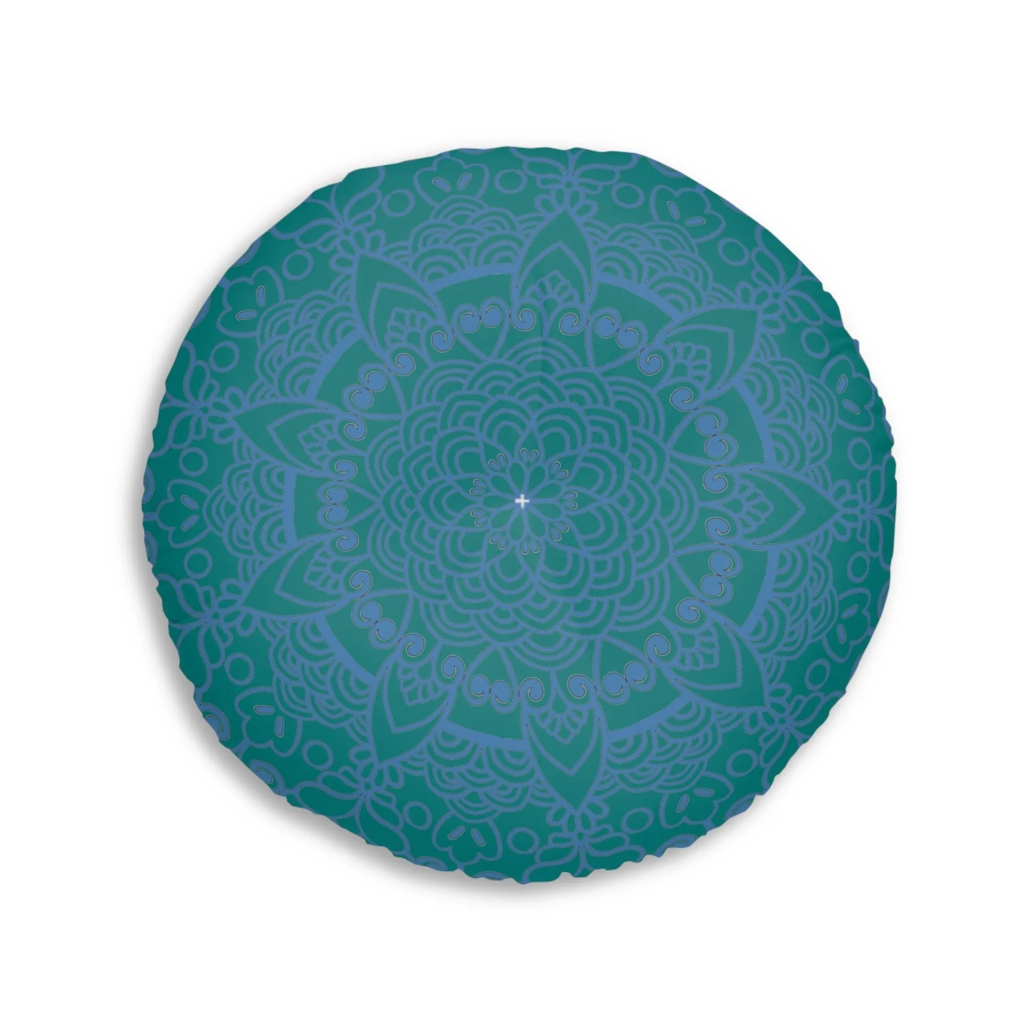 Handmade Mandala Art Floor Cushion - Steel Blue on Teal Background