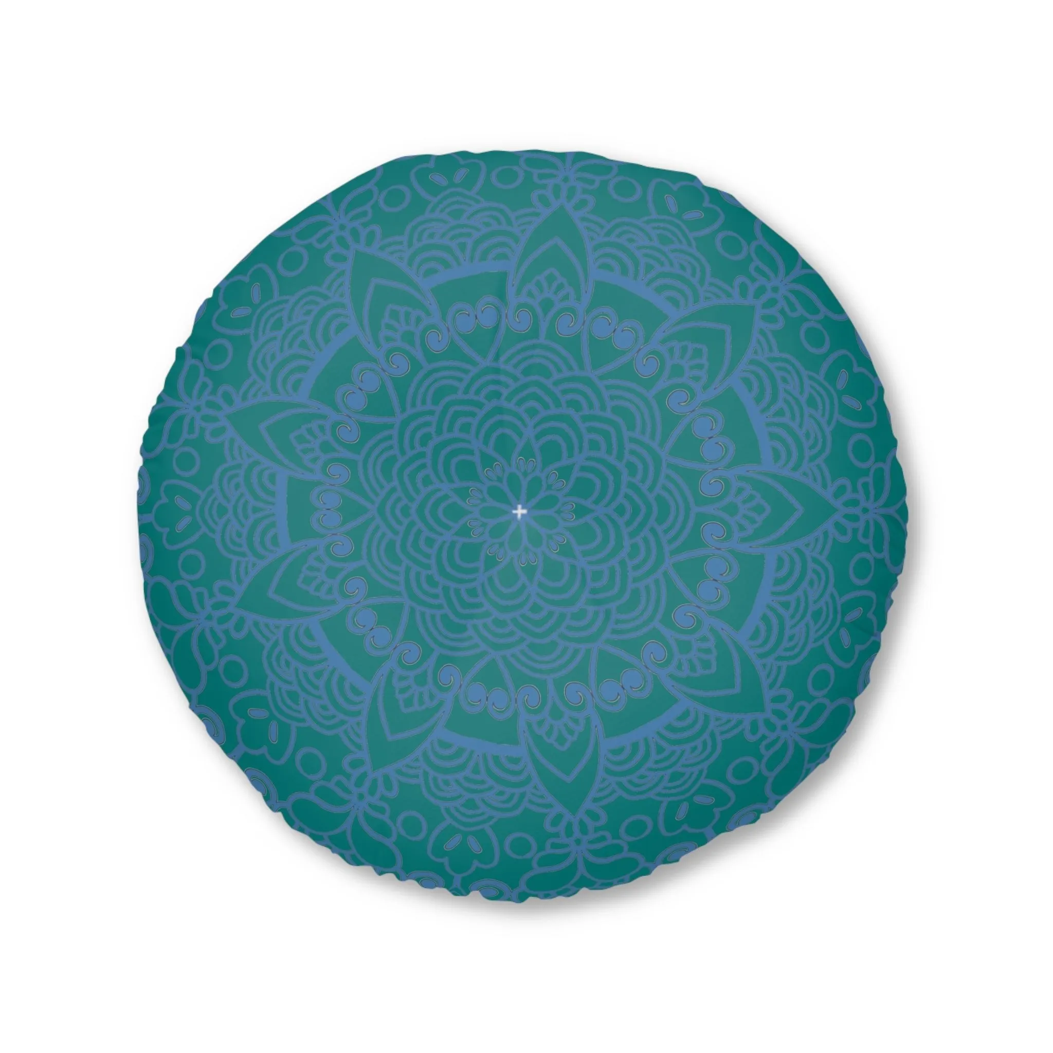 Handmade Mandala Art Floor Cushion - Steel Blue on Teal Background