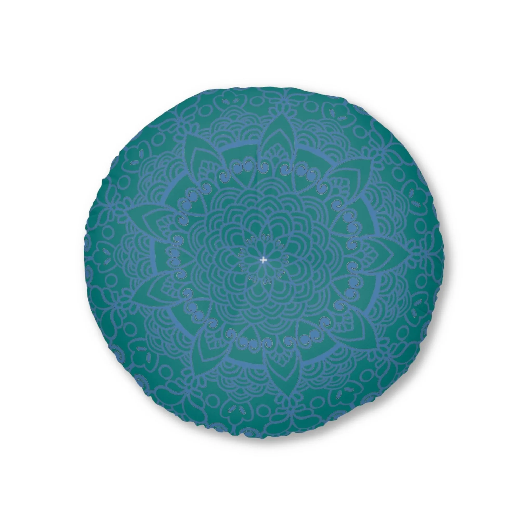 Handmade Mandala Art Floor Cushion - Steel Blue on Teal Background