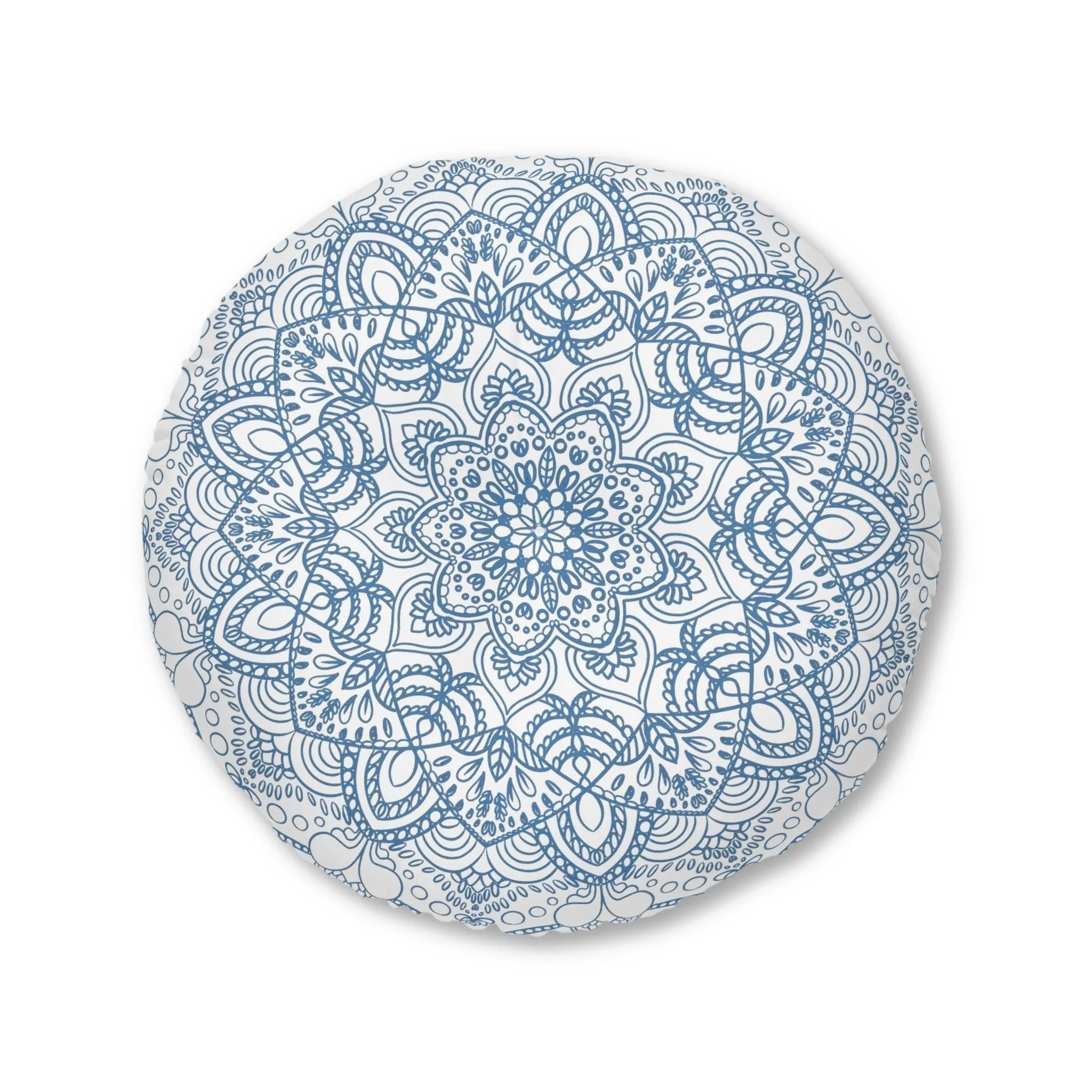 Handmade Mandala Art Floor Cushion - Steel Blue - Tufted Round Pillow