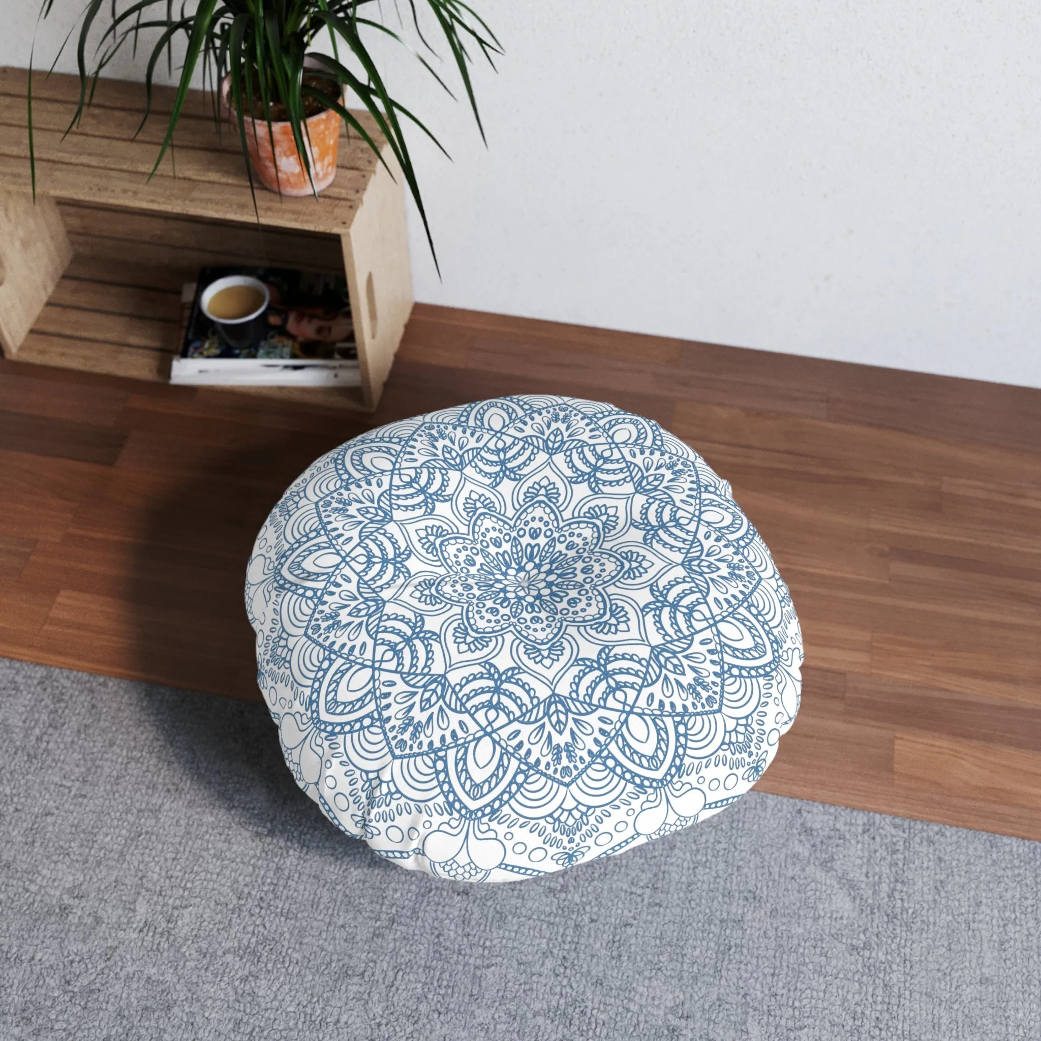 Handmade Mandala Art Floor Cushion - Steel Blue - Tufted Round Pillow