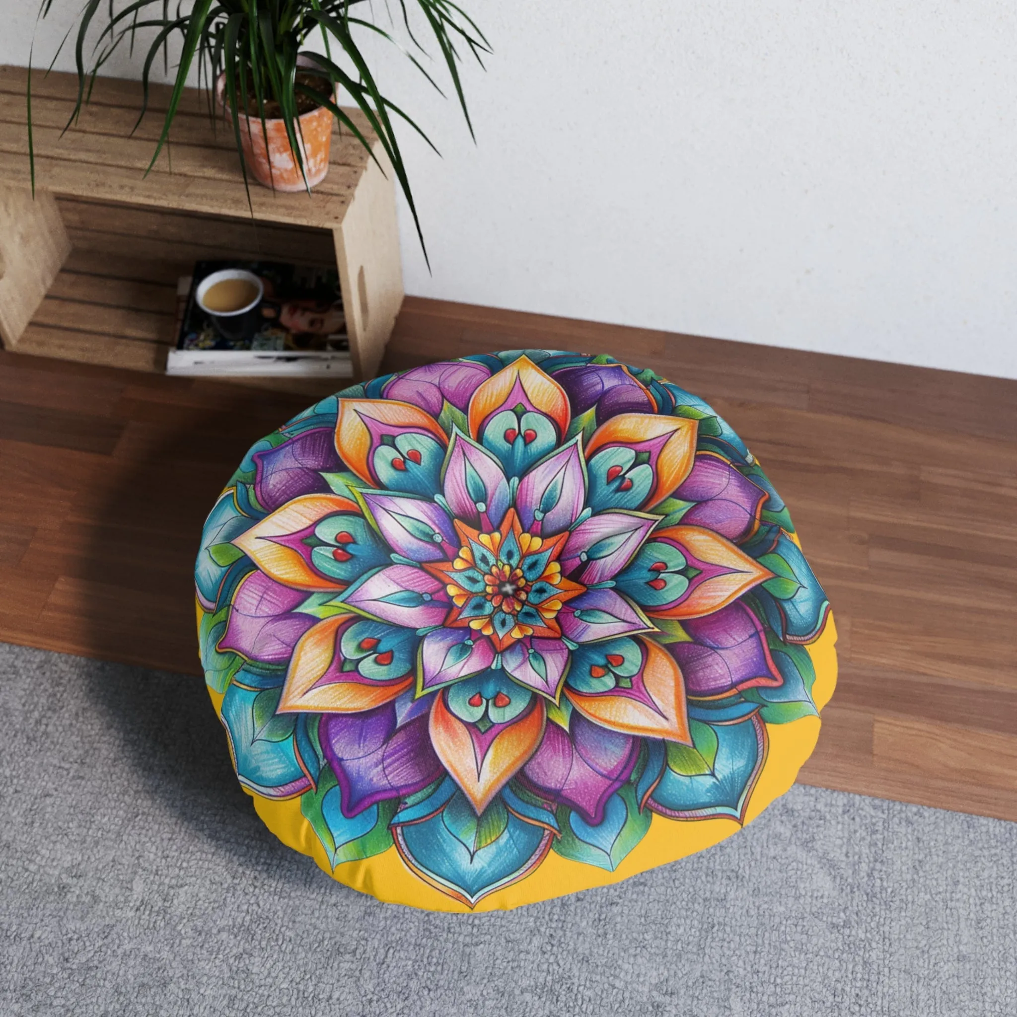 Handmade Mandala Art Floor Cushion - Tufted Round Pillow