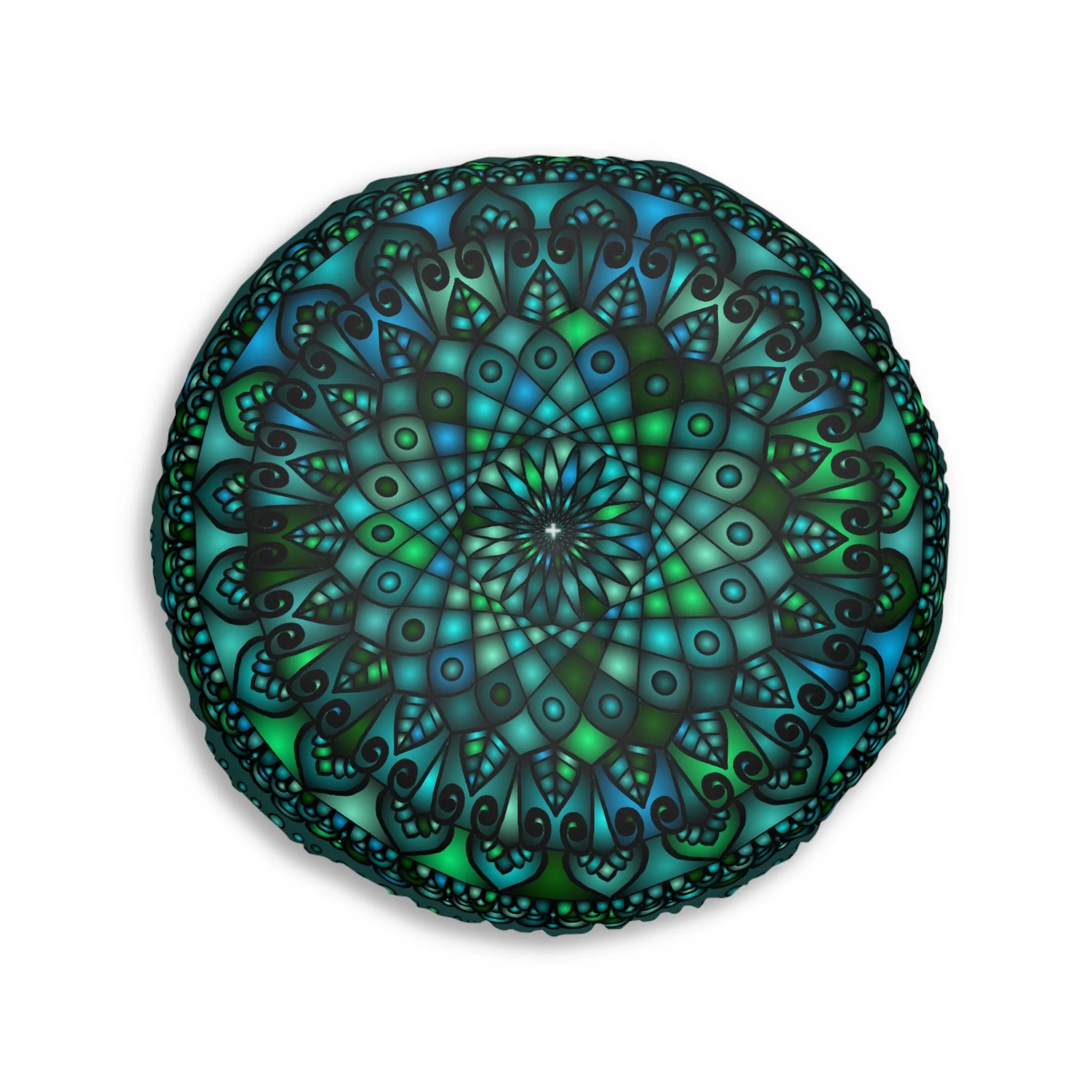 Handmade Mandala Art Round Floor Cushion - Petroleum Green