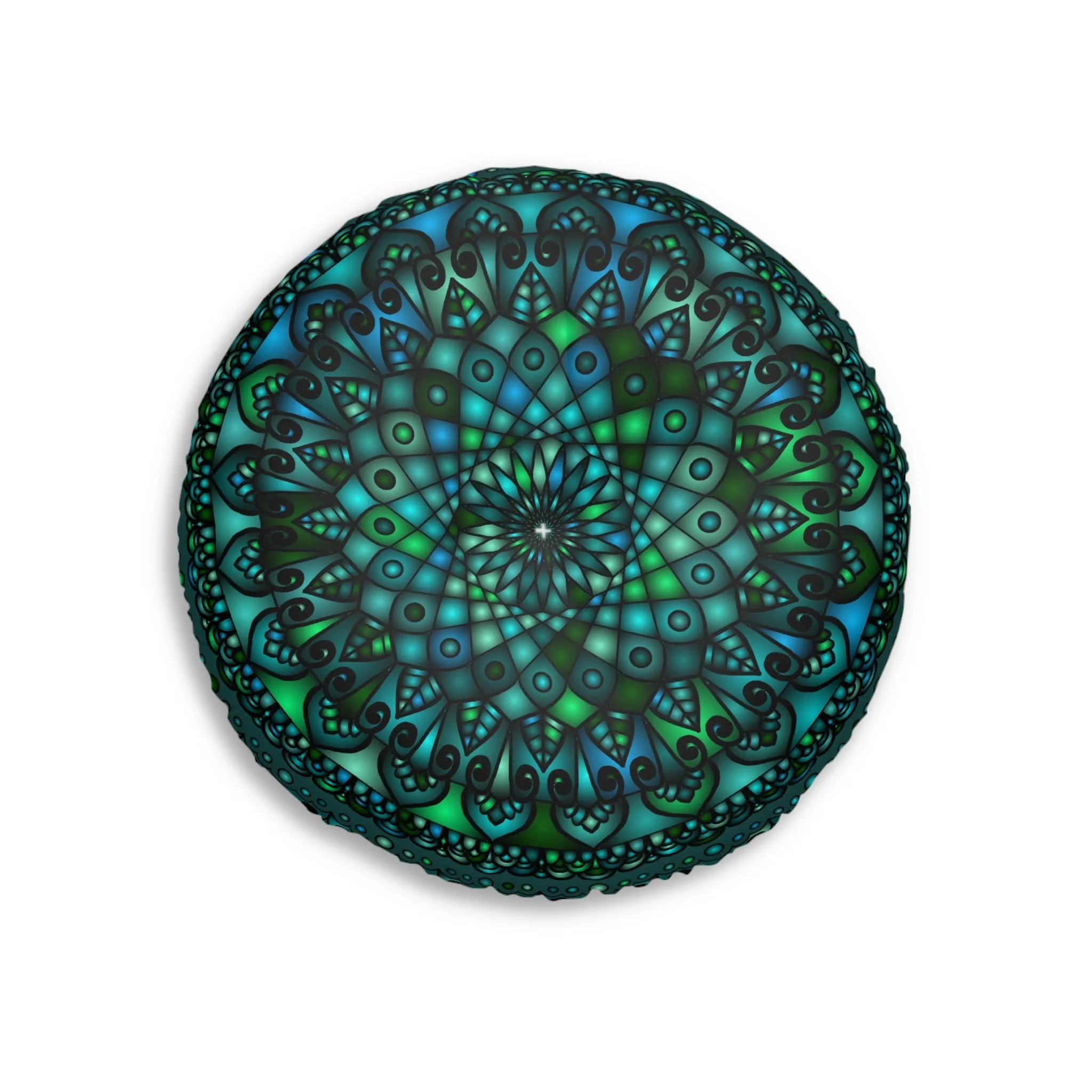 Handmade Mandala Art Round Floor Cushion - Petroleum Green