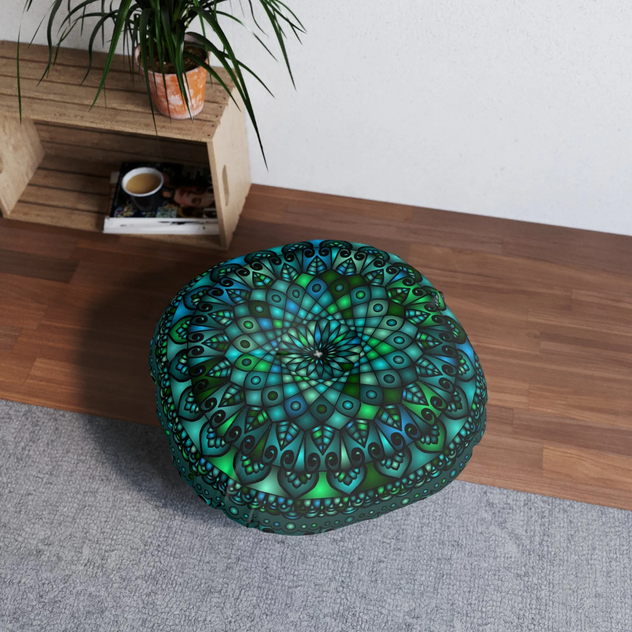 Handmade Mandala Art Round Floor Cushion - Petroleum Green