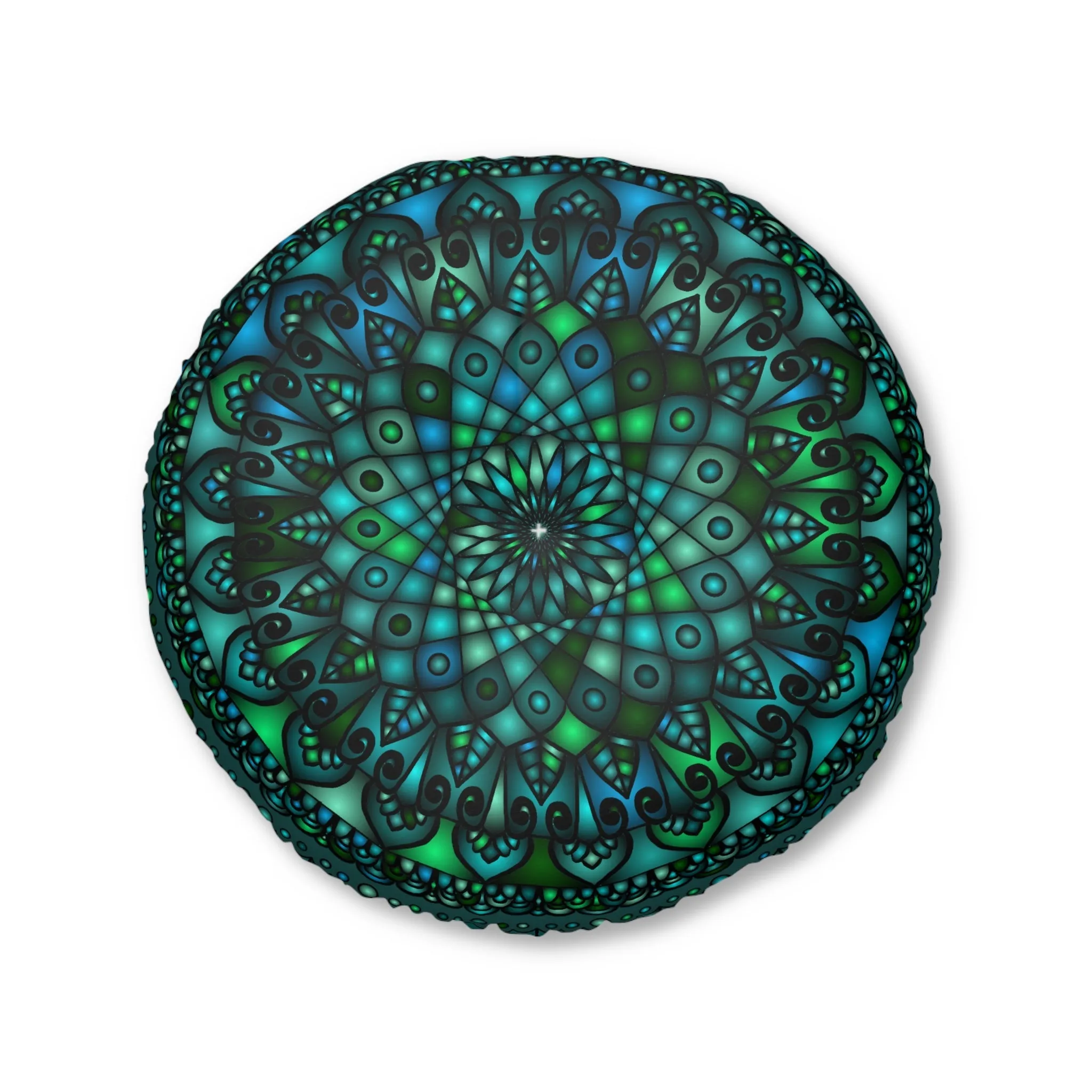 Handmade Mandala Art Round Floor Cushion - Petroleum Green