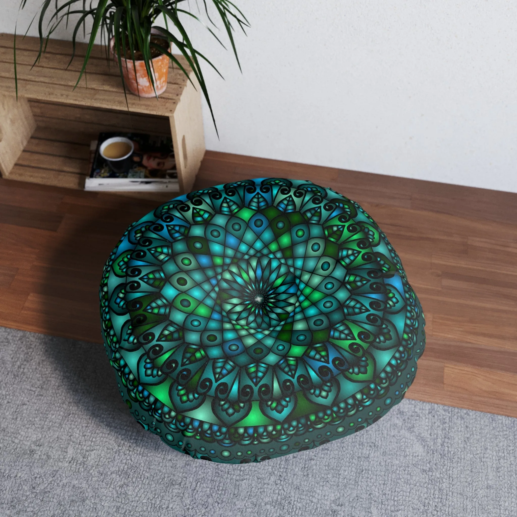 Handmade Mandala Art Round Floor Cushion - Petroleum Green