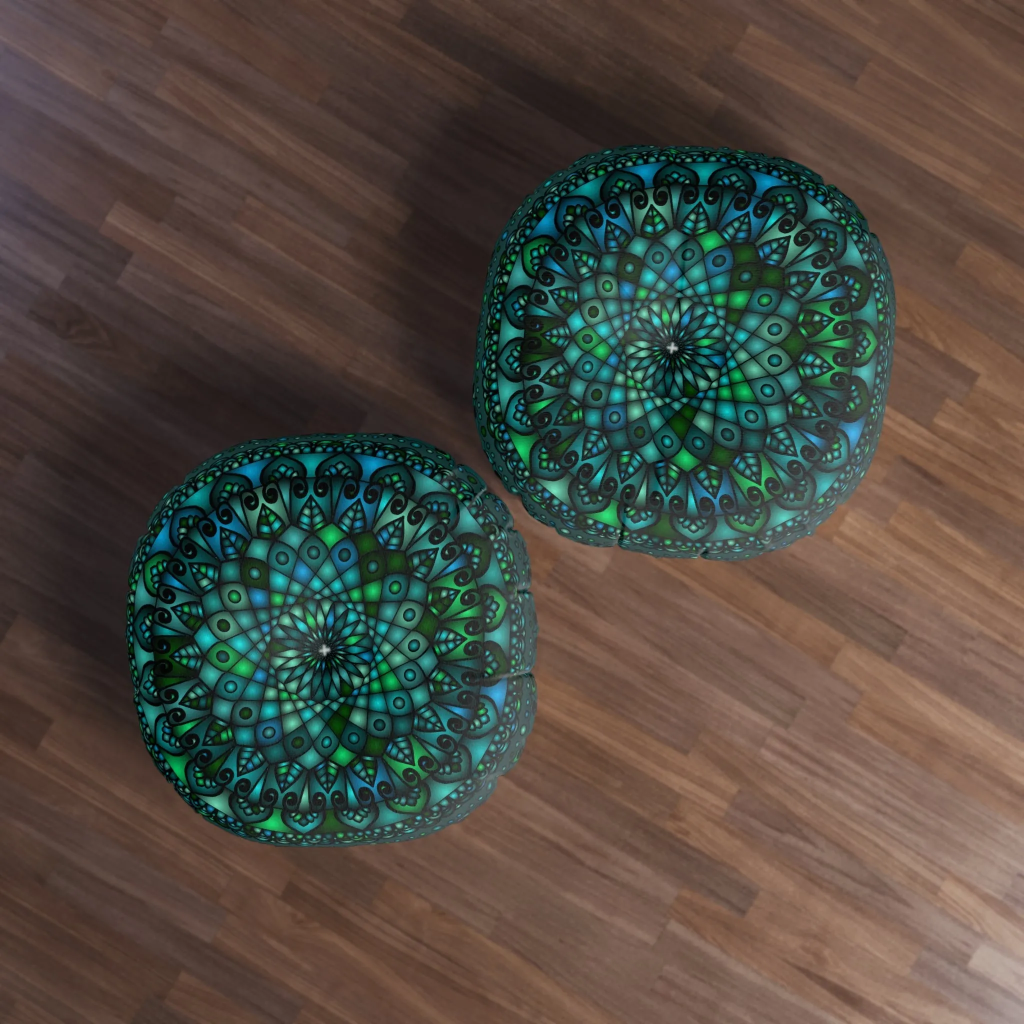 Handmade Mandala Art Round Floor Cushion - Petroleum Green