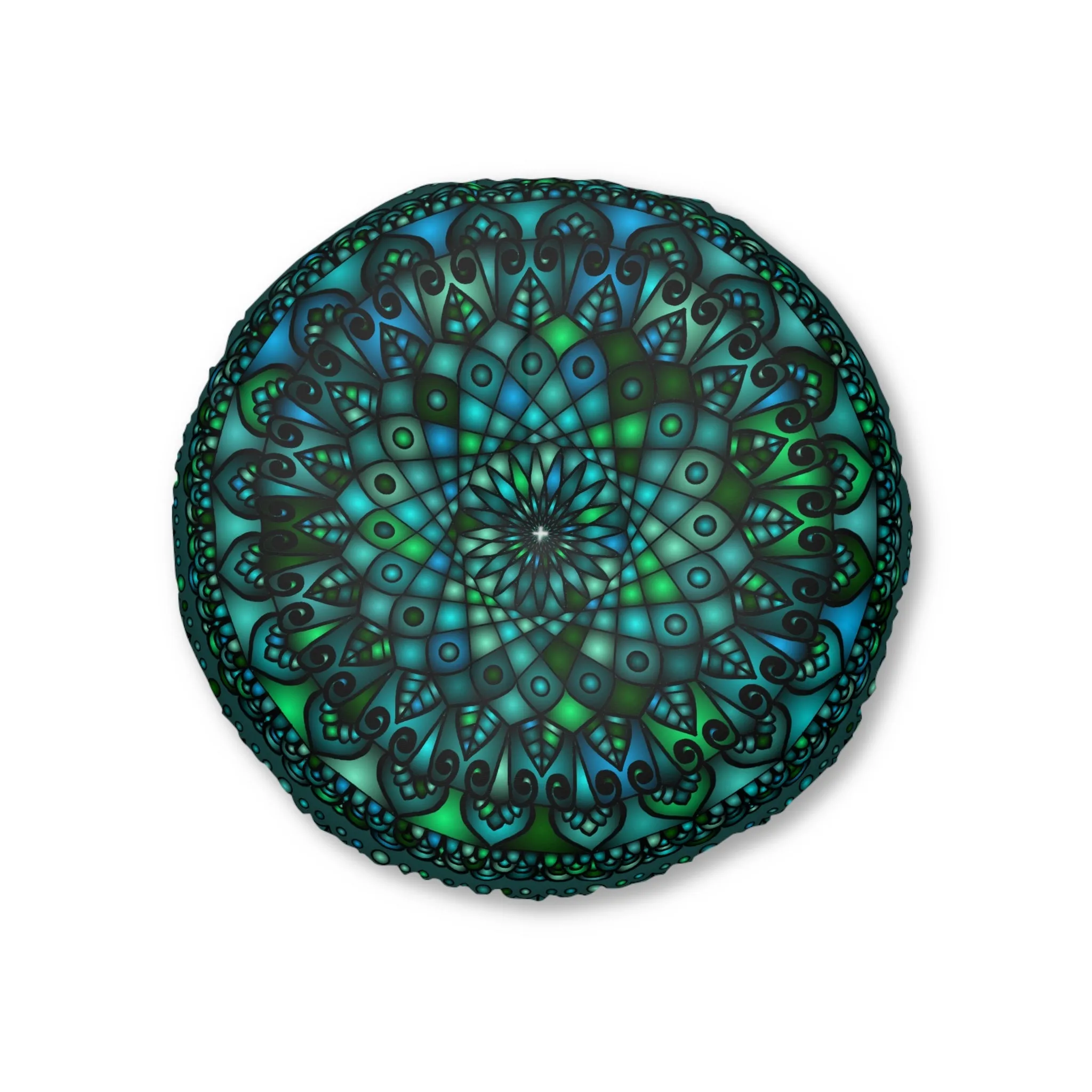 Handmade Mandala Art Round Floor Cushion - Petroleum Green