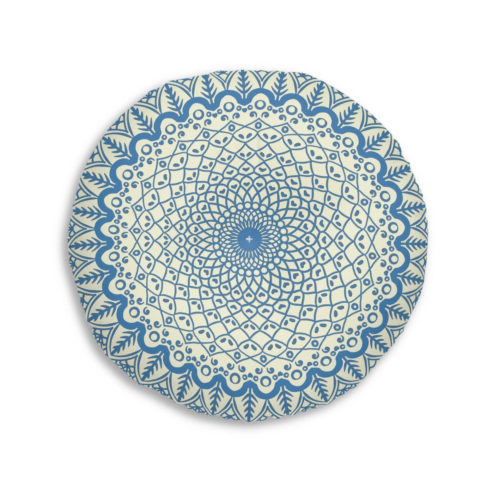 Handmade Mandala Art Round Tufted Floor Pillow - Steel Blue on Beige Background