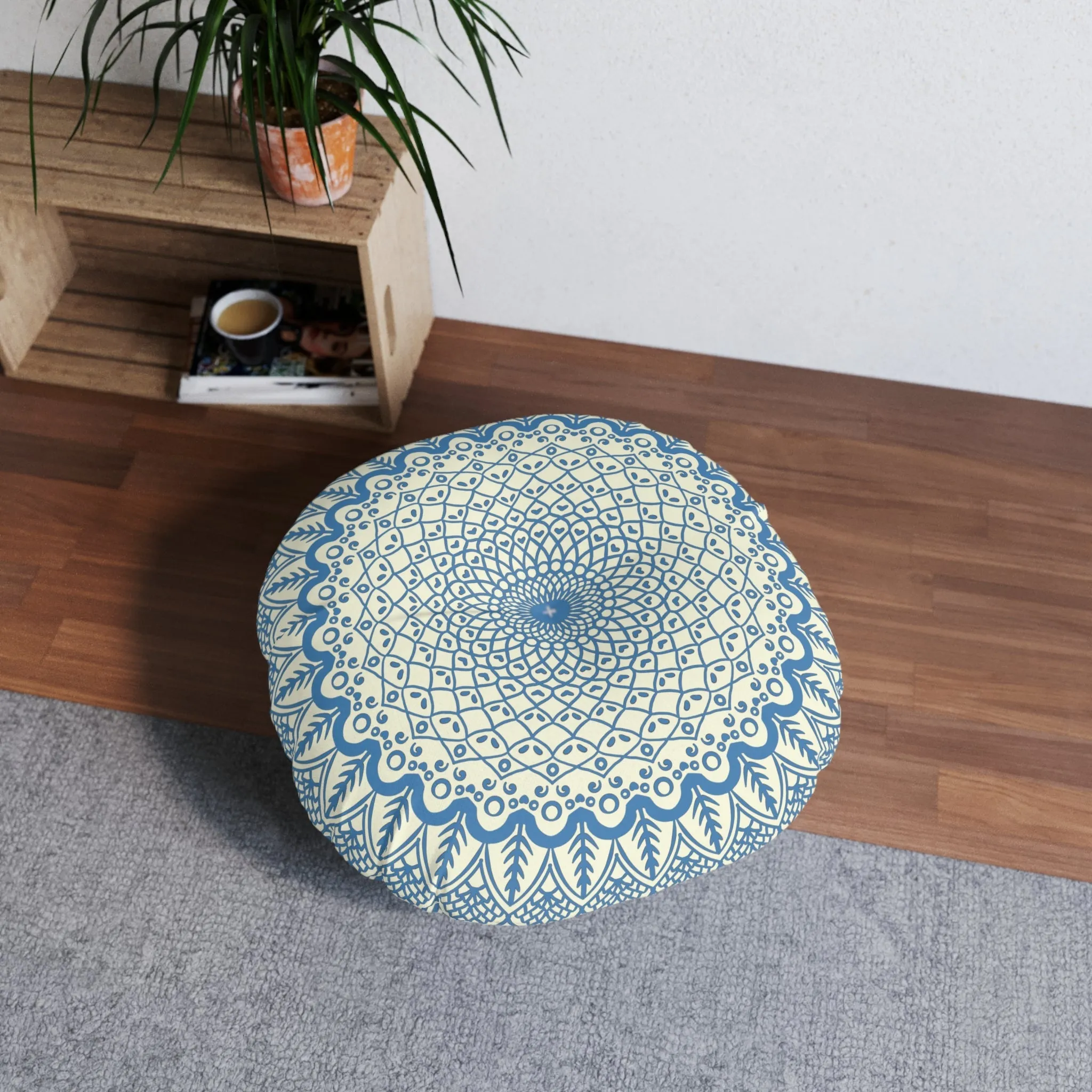 Handmade Mandala Art Round Tufted Floor Pillow - Steel Blue on Beige Background