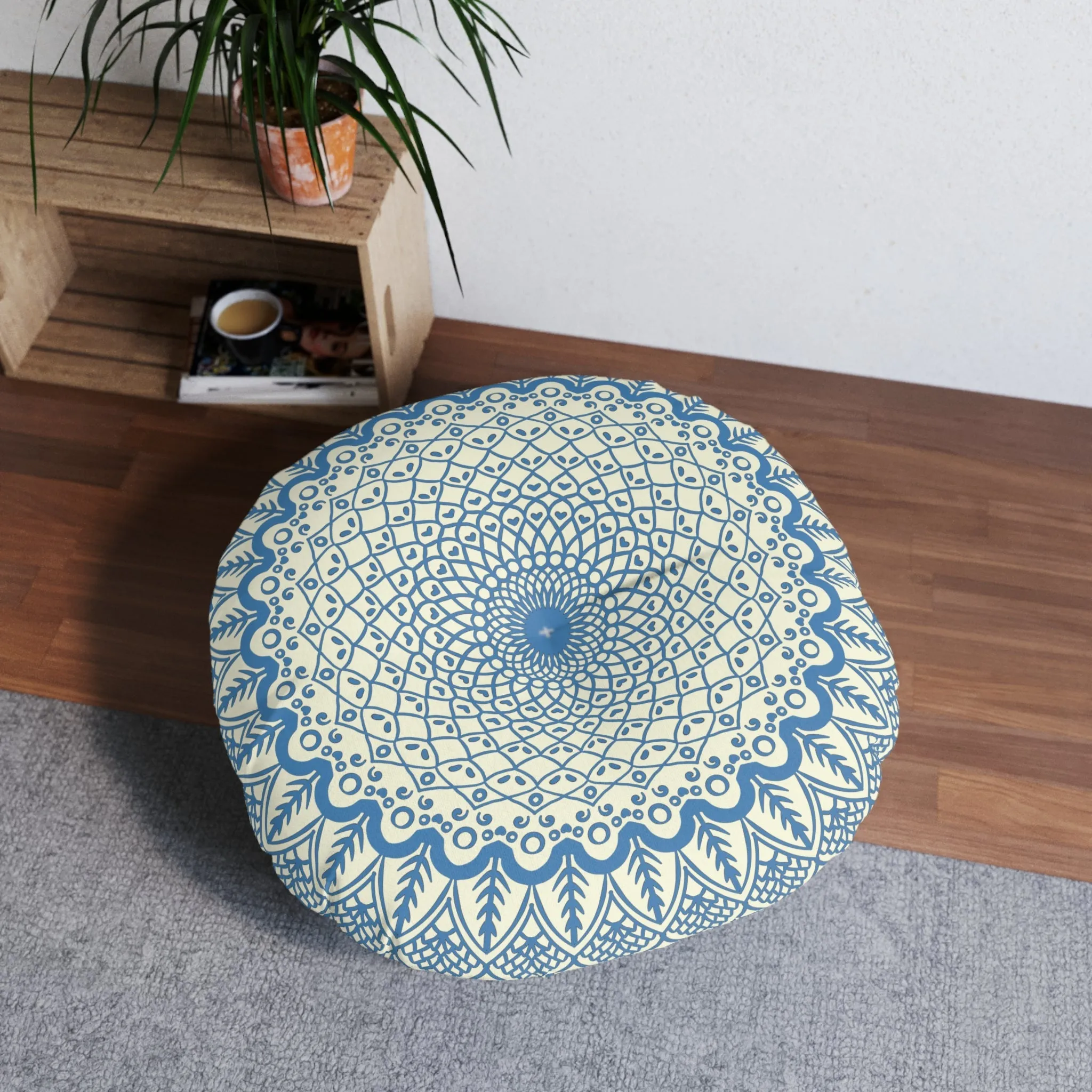 Handmade Mandala Art Round Tufted Floor Pillow - Steel Blue on Beige Background