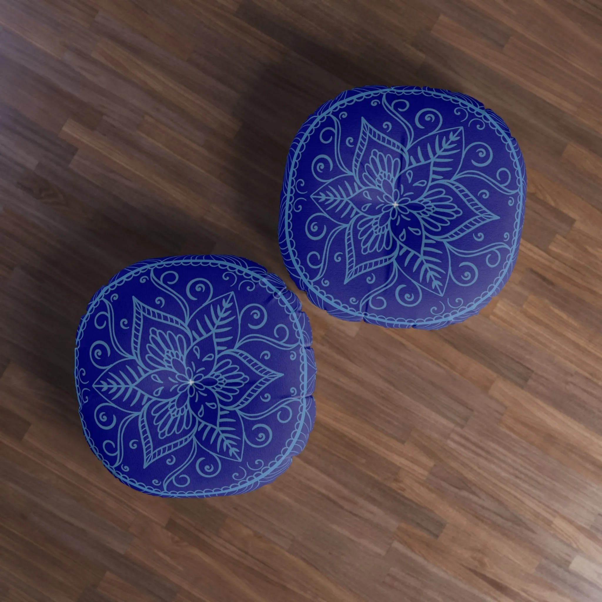 Handmade Mandala Art Steel Blue Floor Cushion - Tufted Round Pillow