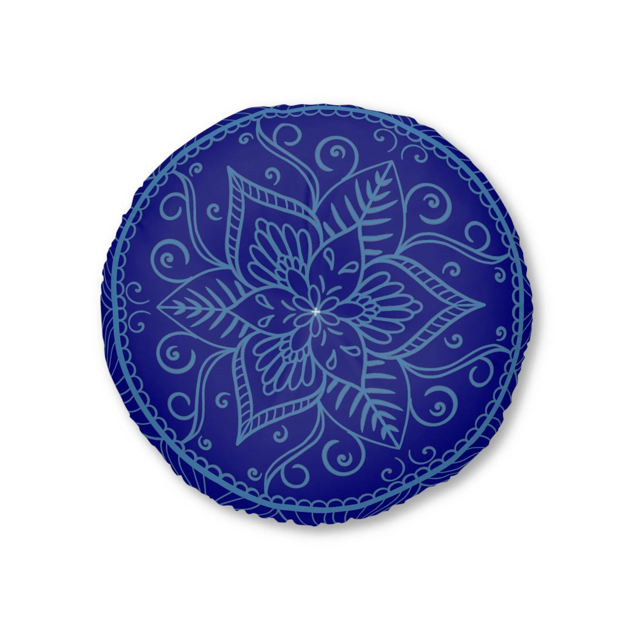 Handmade Mandala Art Steel Blue Floor Cushion - Tufted Round Pillow