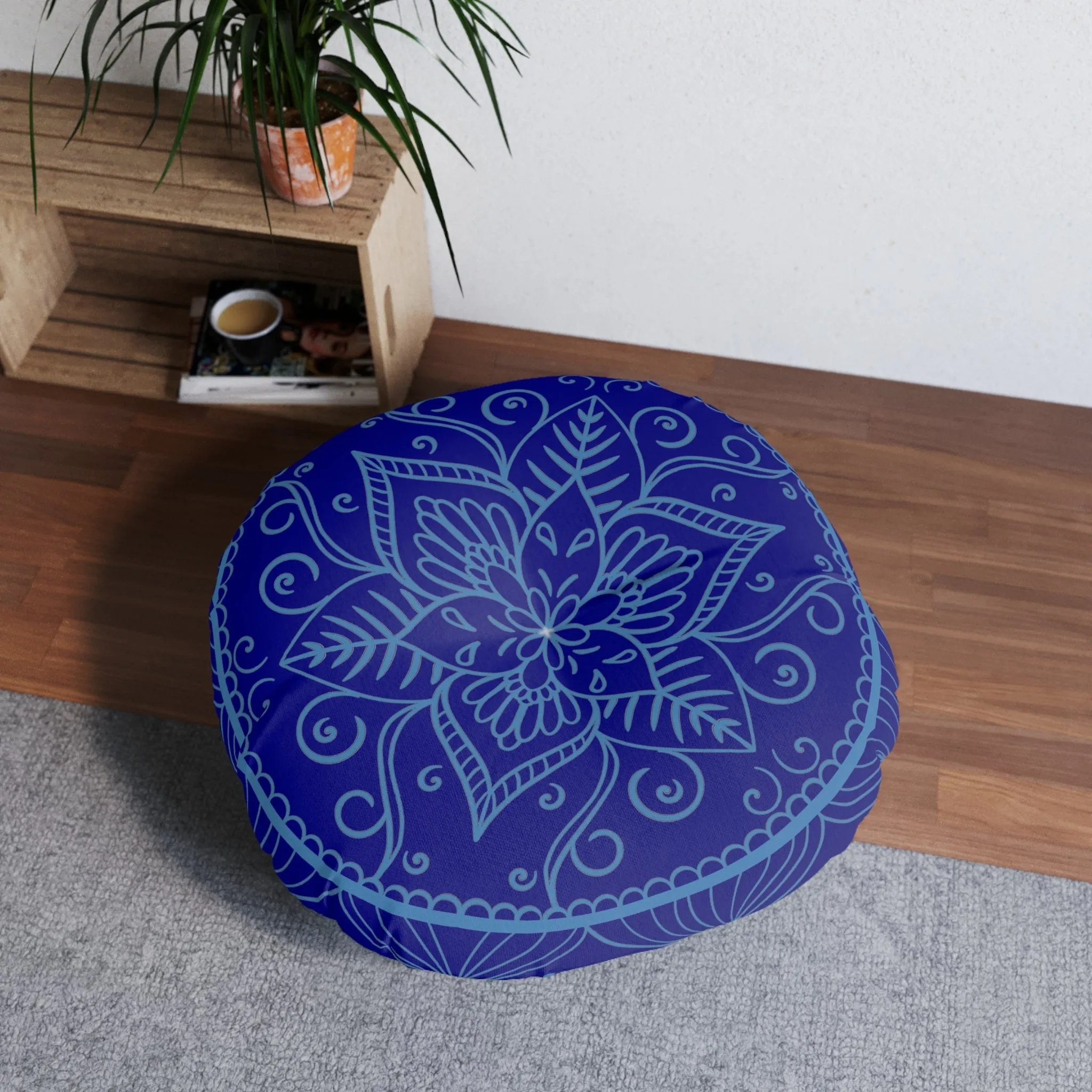 Handmade Mandala Art Steel Blue Floor Cushion - Tufted Round Pillow