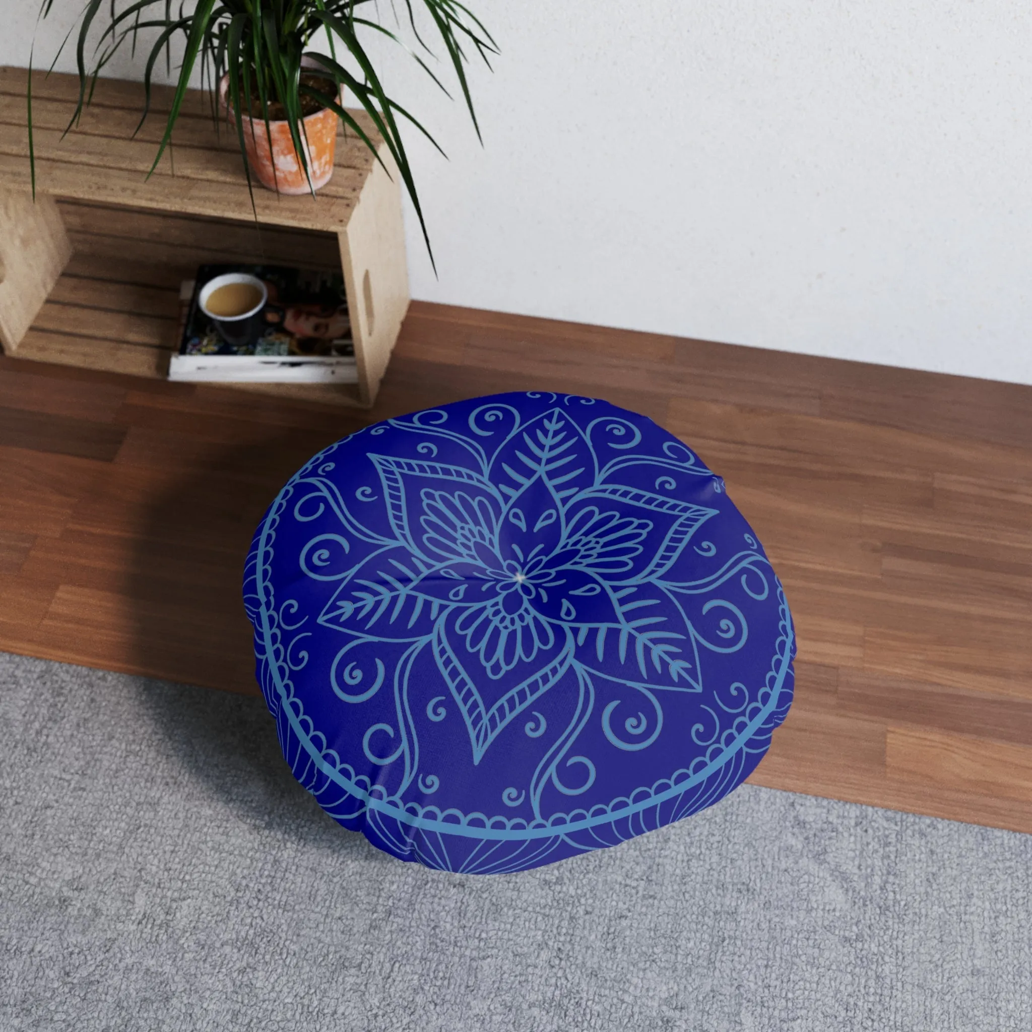 Handmade Mandala Art Steel Blue Floor Cushion - Tufted Round Pillow