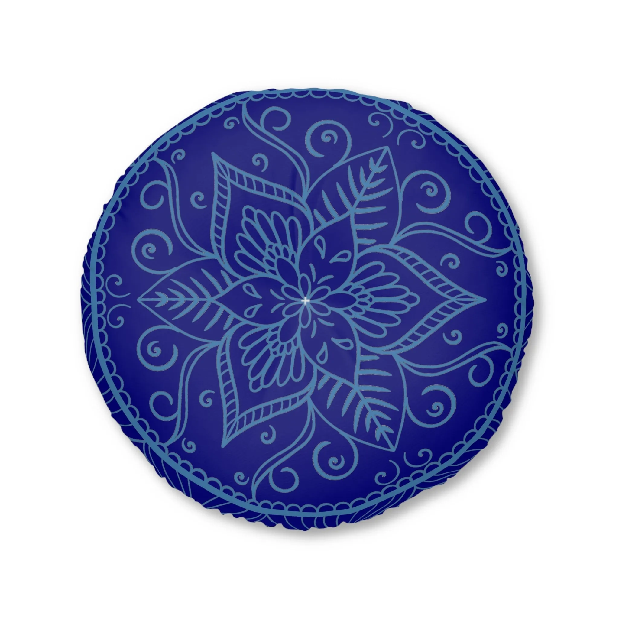 Handmade Mandala Art Steel Blue Floor Cushion - Tufted Round Pillow