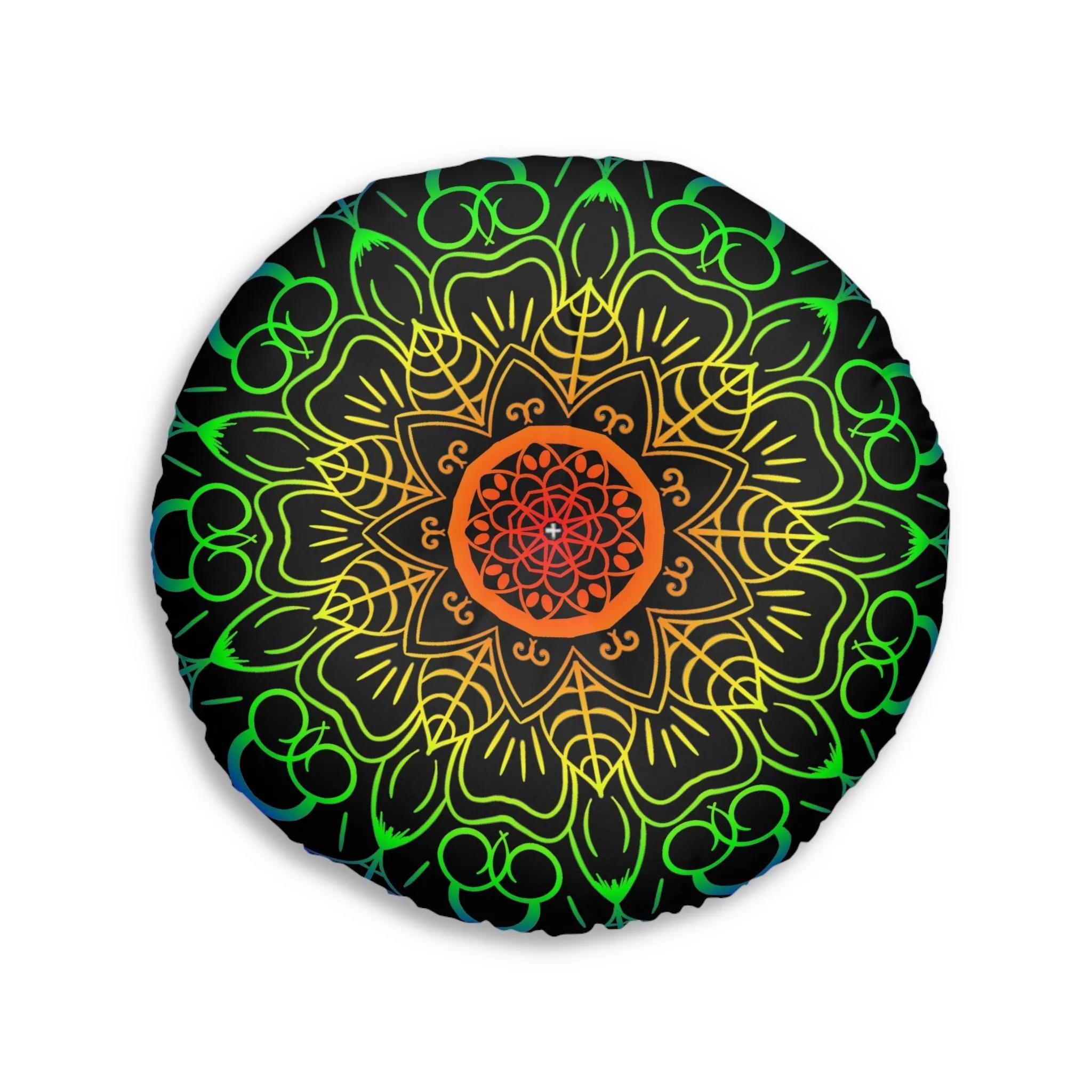 Handmade Mandala Art Tufted Floor Cushion - Rainbow on Black Background