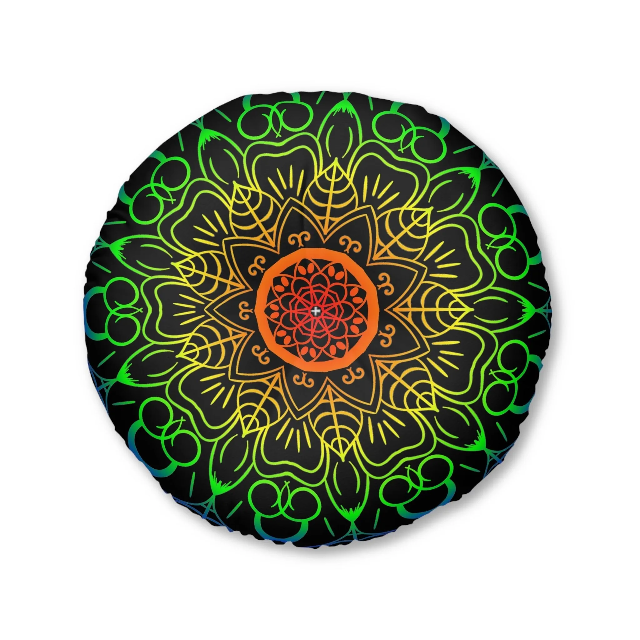 Handmade Mandala Art Tufted Floor Cushion - Rainbow on Black Background