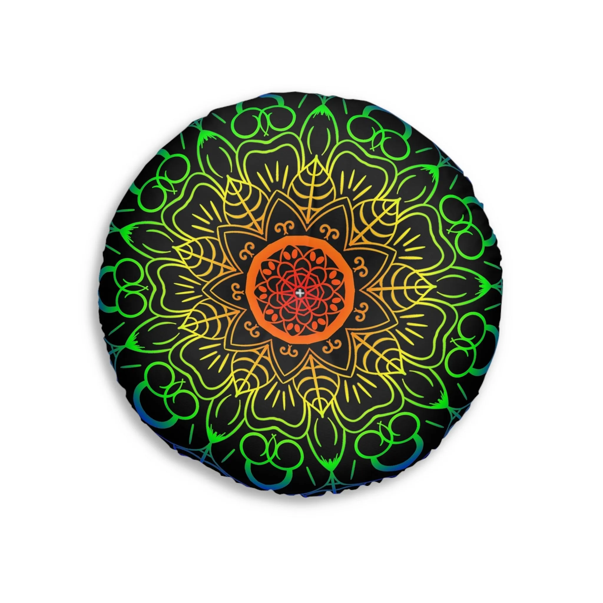 Handmade Mandala Art Tufted Floor Cushion - Rainbow on Black Background