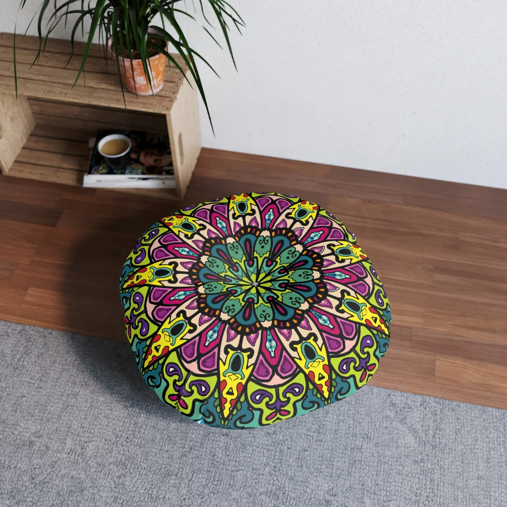 Handmade Mandala Art Tufted Round Floor Cushion