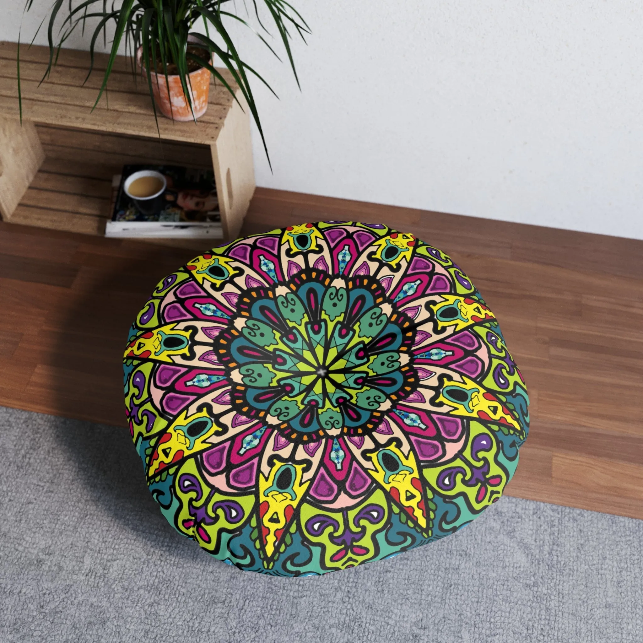 Handmade Mandala Art Tufted Round Floor Cushion