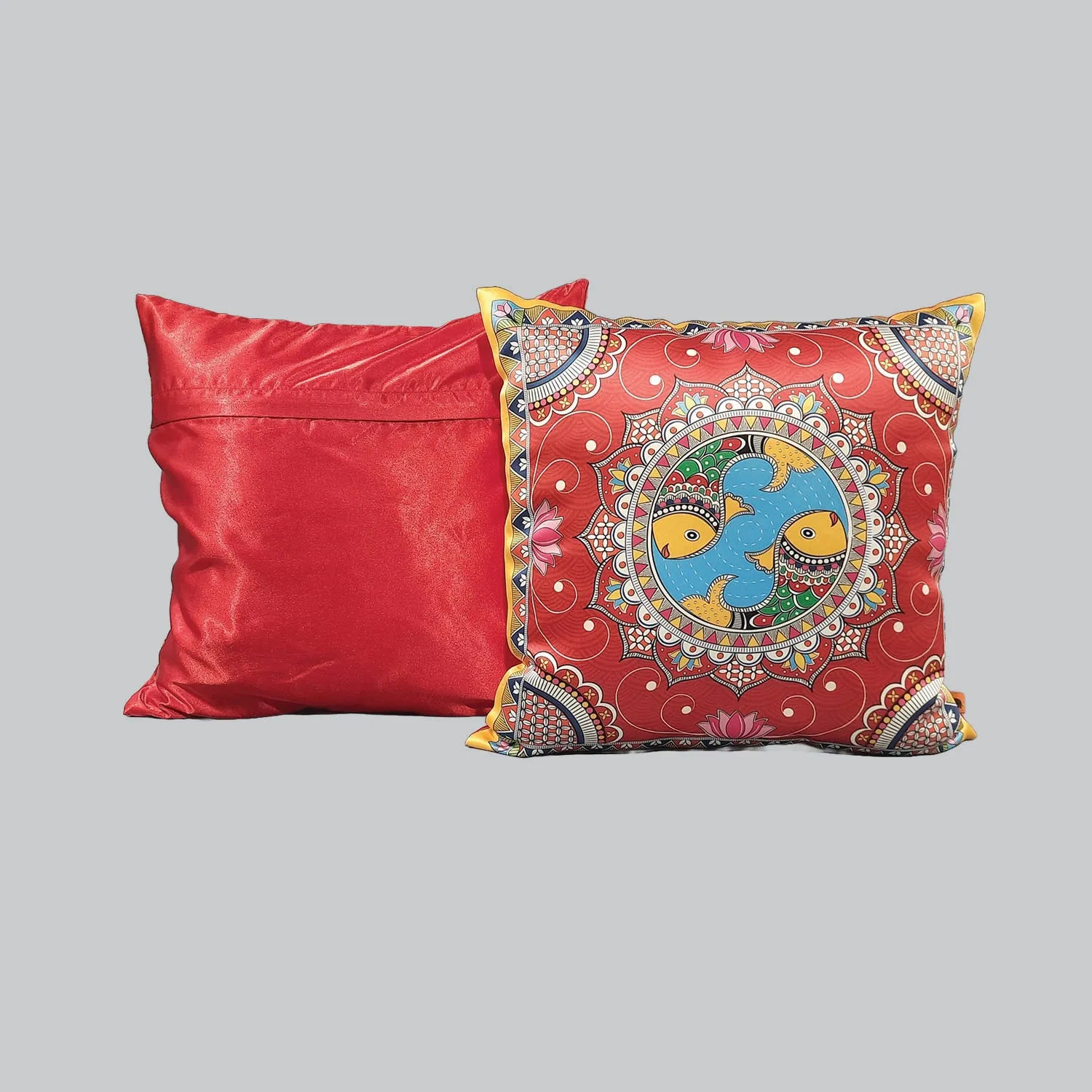 Madhubani Satin Cushion Covers - 16 in x 16 in - Set of 2