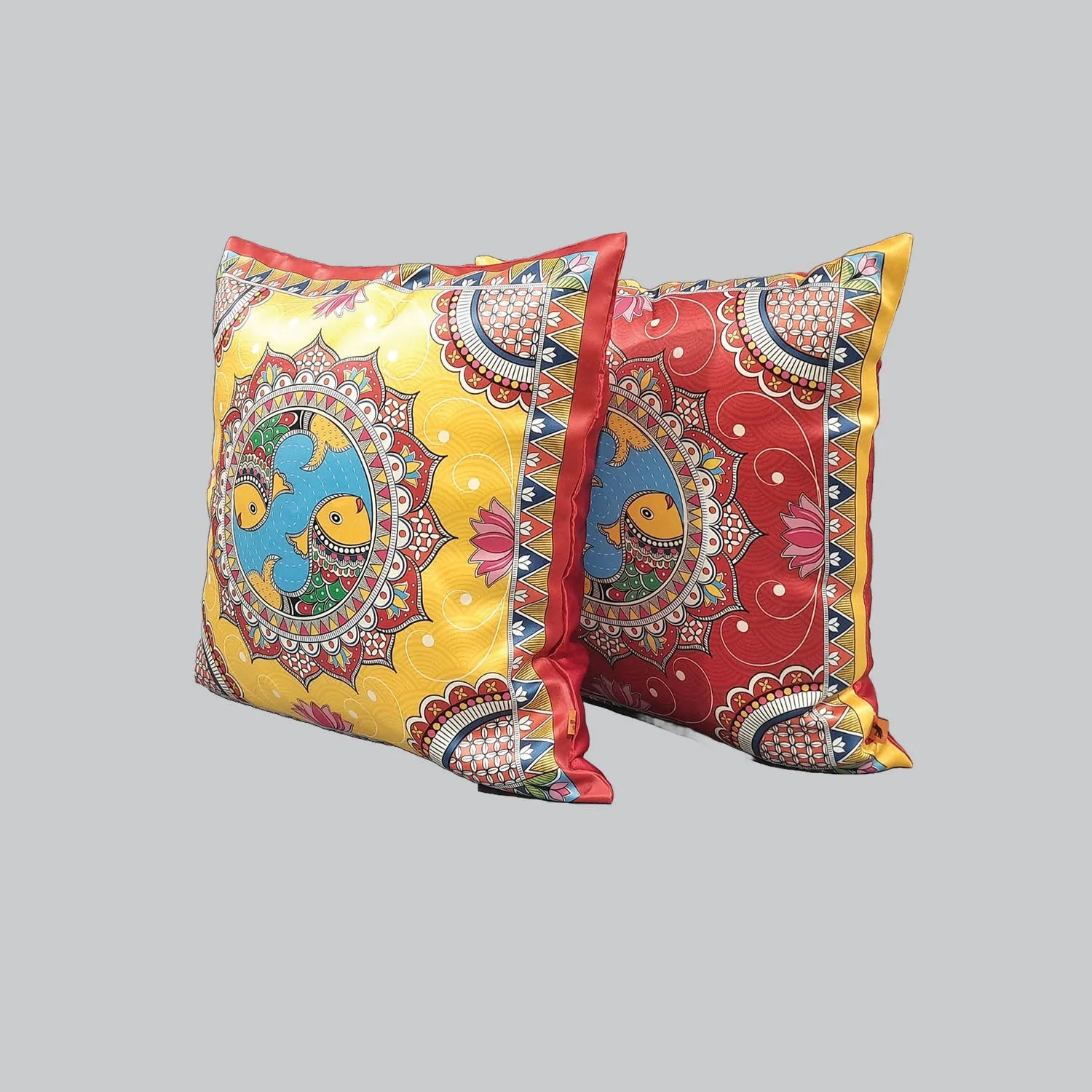 Madhubani Satin Cushion Covers - 16 in x 16 in - Set of 2